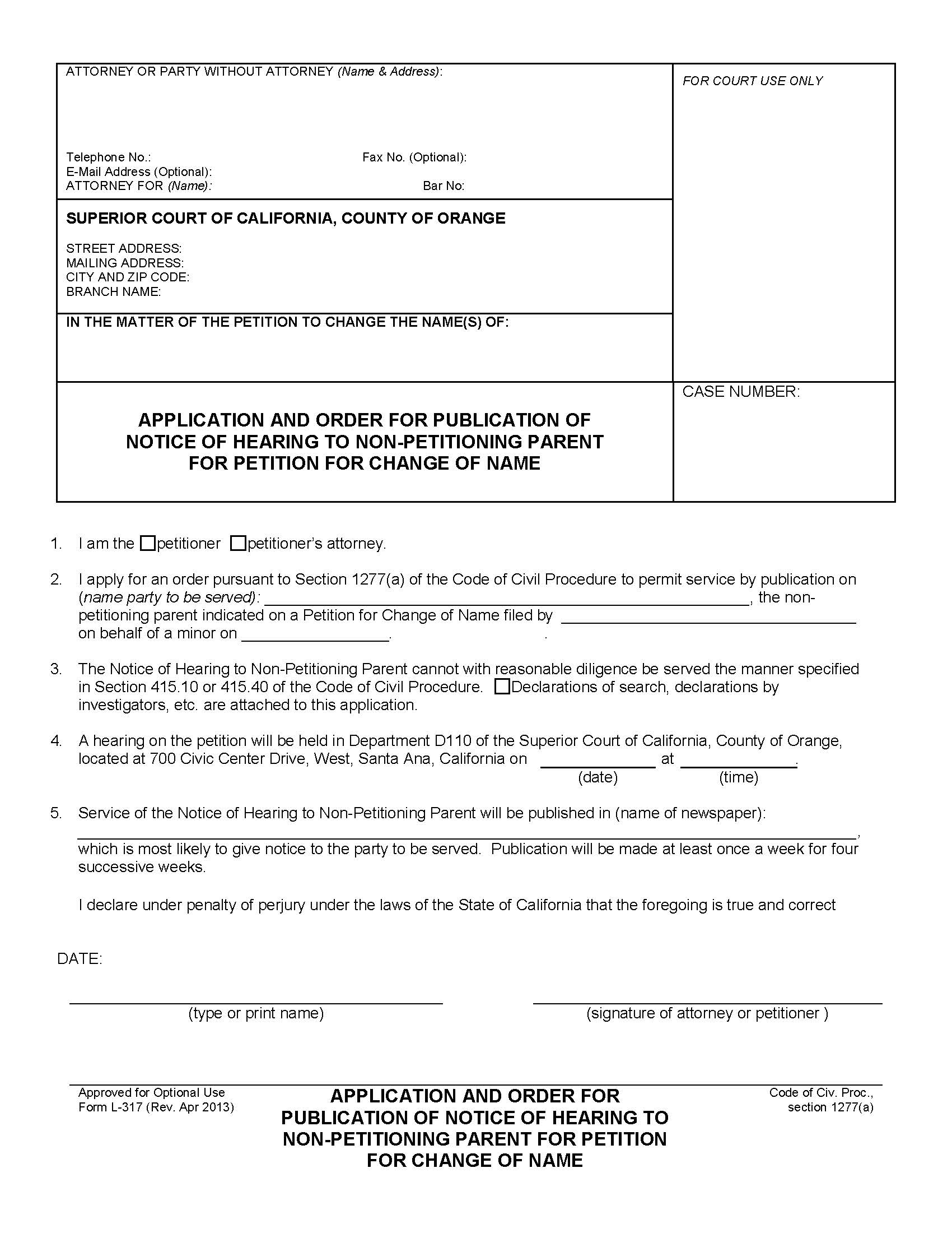 Application And Order For Publication Of Notice Of Hearing-Change Of Name {L-317} | Pdf Fpdf Doc Docx | California