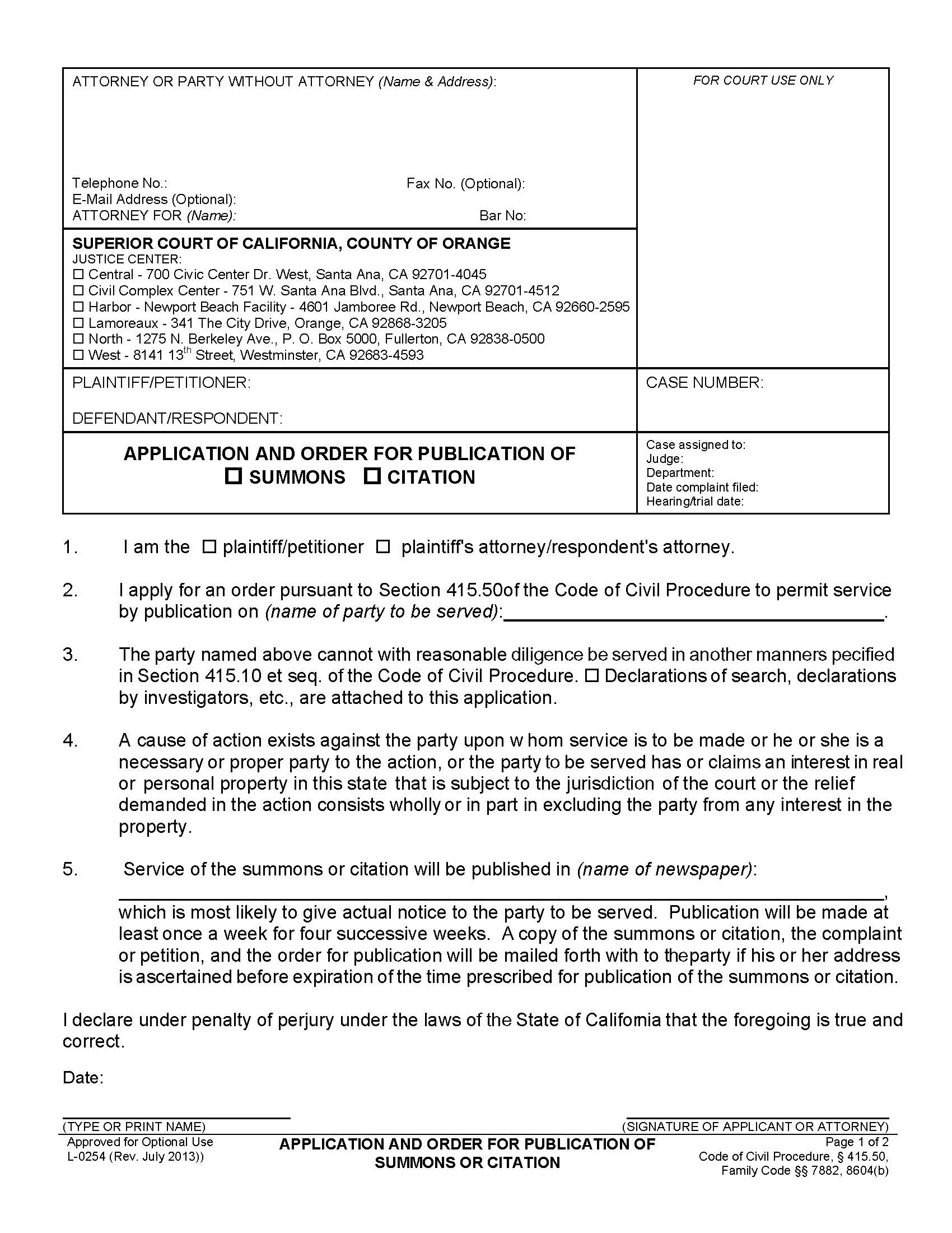 Application And Order For Publication Of Summons Or Citation {L254} | Pdf Fpdf Doc Docx | California