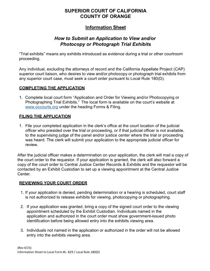 Application And Order For Viewing And-Or Photocopying Or Photographing Trial Exhibits {L-829} | Pdf Fpdf Docx | California