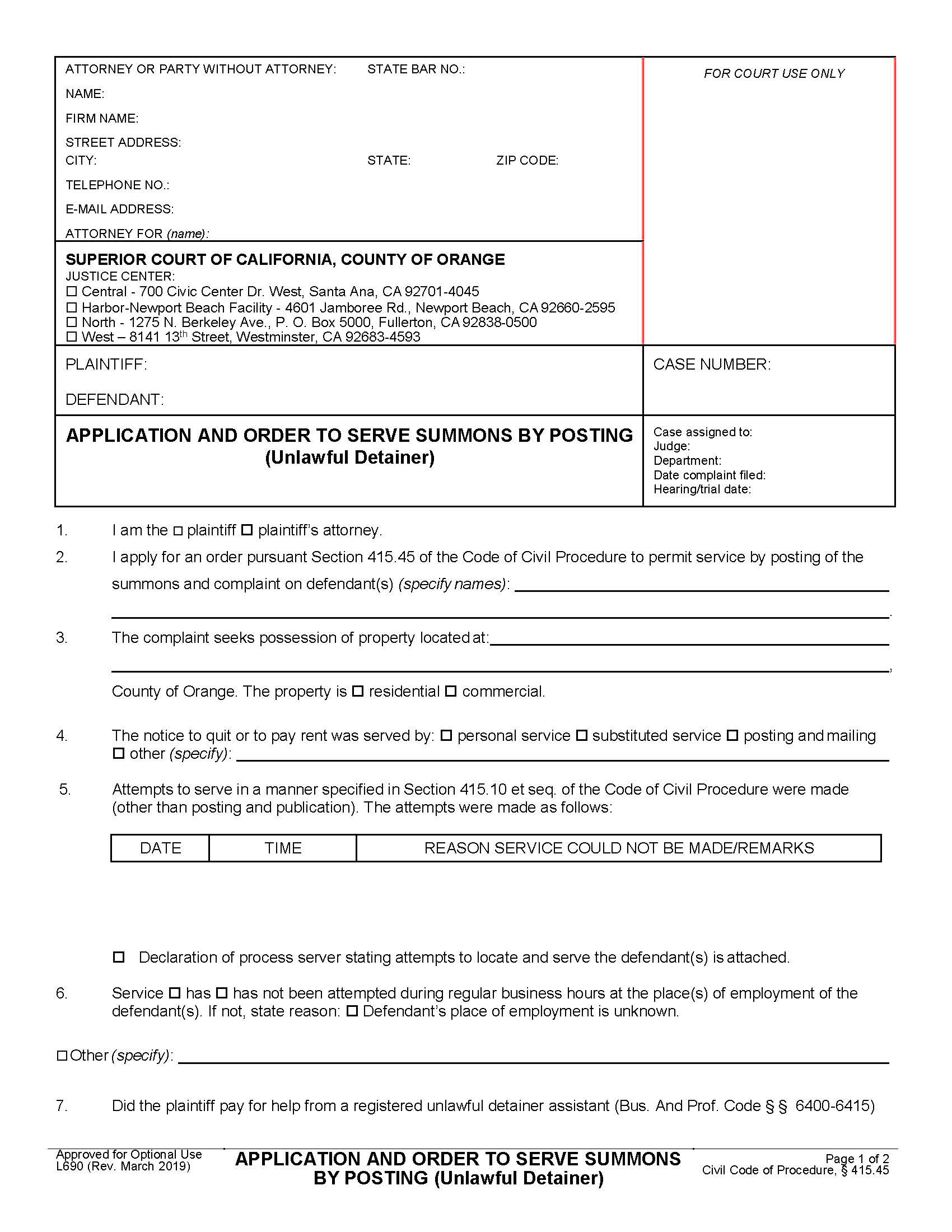 Application And Order To Serve Summons By Posting (Unlawful Detainer) {L690} | Pdf Fpdf Docx | California