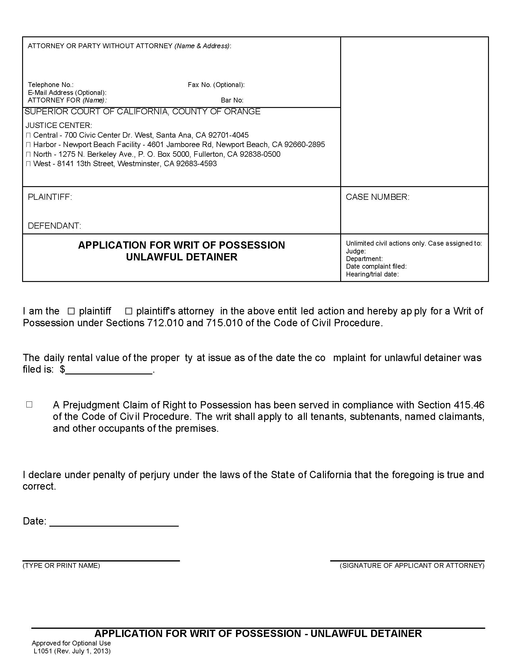 Application For Writ Of Possession-Unlawful Detainer {L1051} | Pdf Fpdf Doc Docx | California