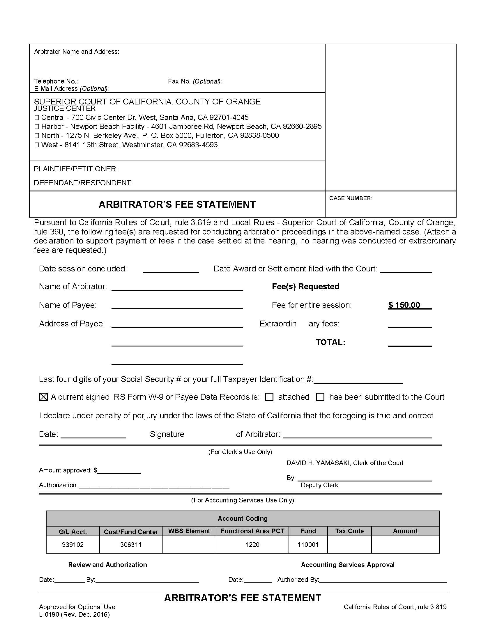Arbitrators Fee Statement {L190} | Pdf Fpdf Doc Docx | California