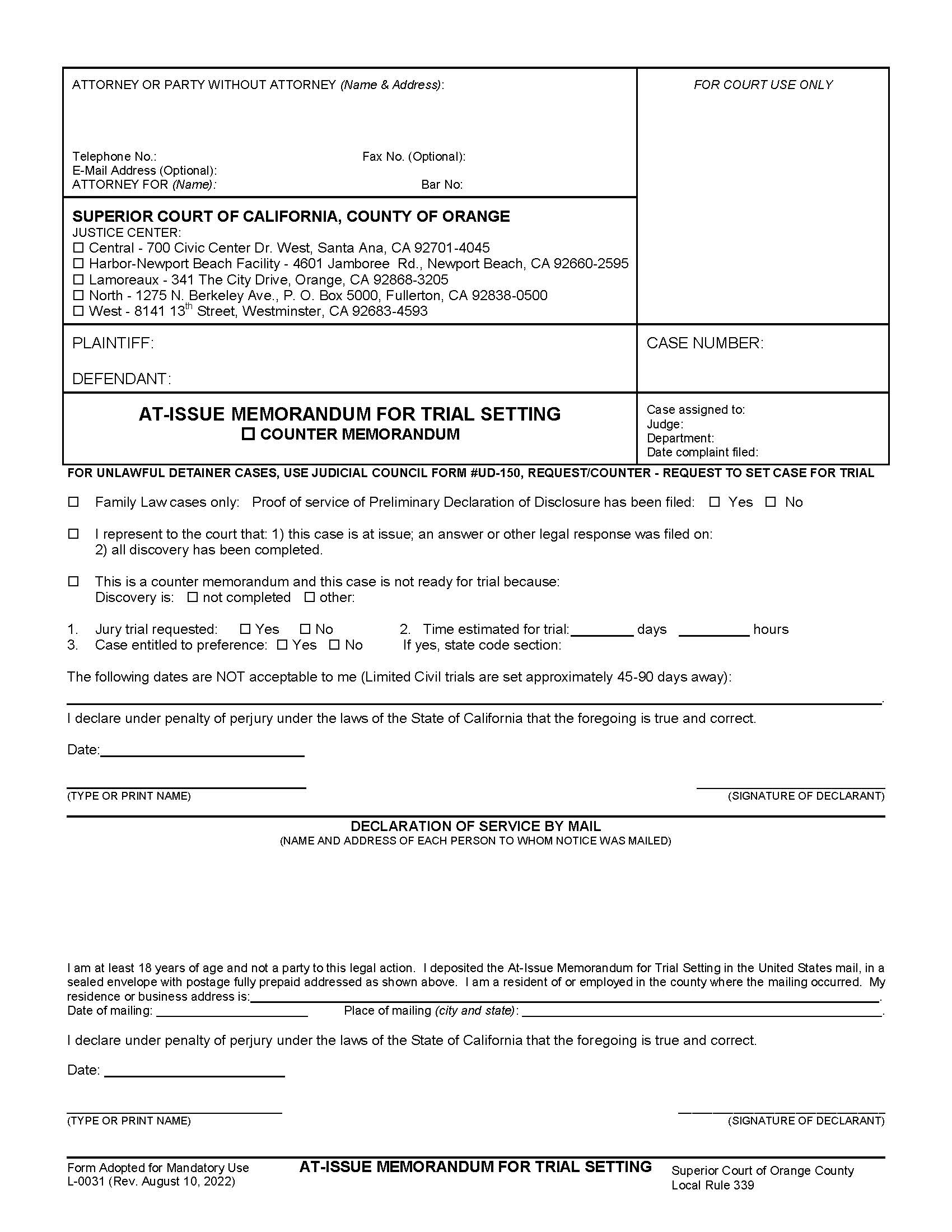 At Issue Memorandum For Trial Setting {L-0031} | Pdf Fpdf Doc Docx | California