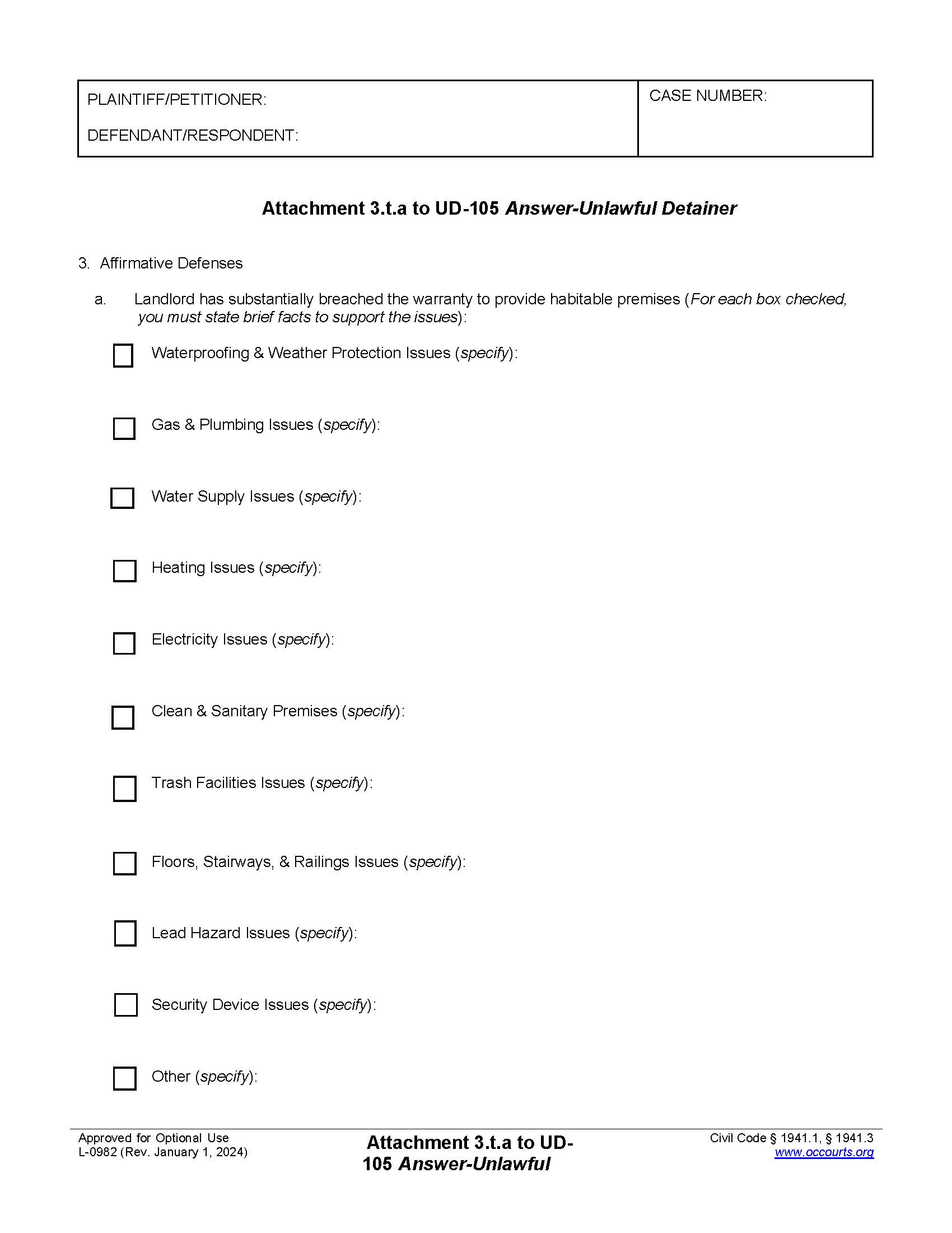 Attachment 3.k.a. To UD-105 Answer-Unlawful Detainer {L-0982} | Pdf Fpdf Doc Docx | California