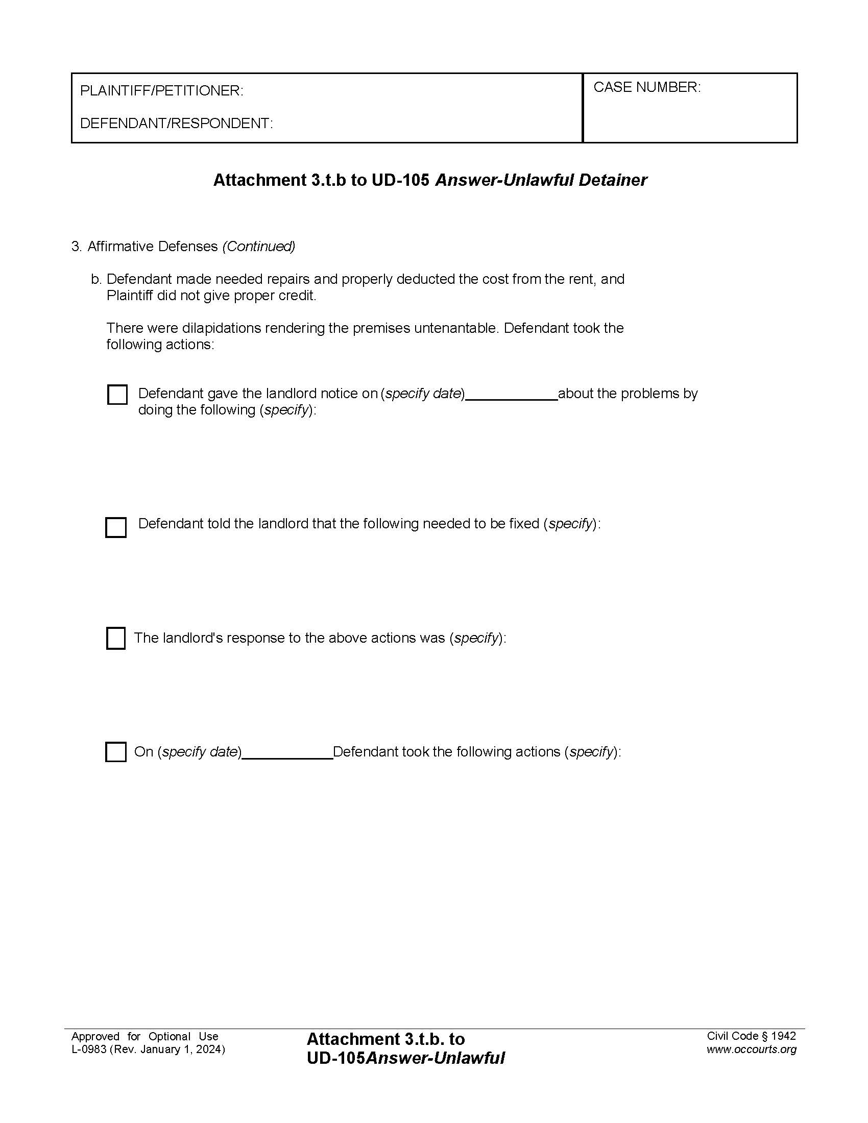Attachment 3.k.b. To UD-105 Answer-Unlawful Detainer {L-0983} | Pdf Fpdf Doc Docx | California