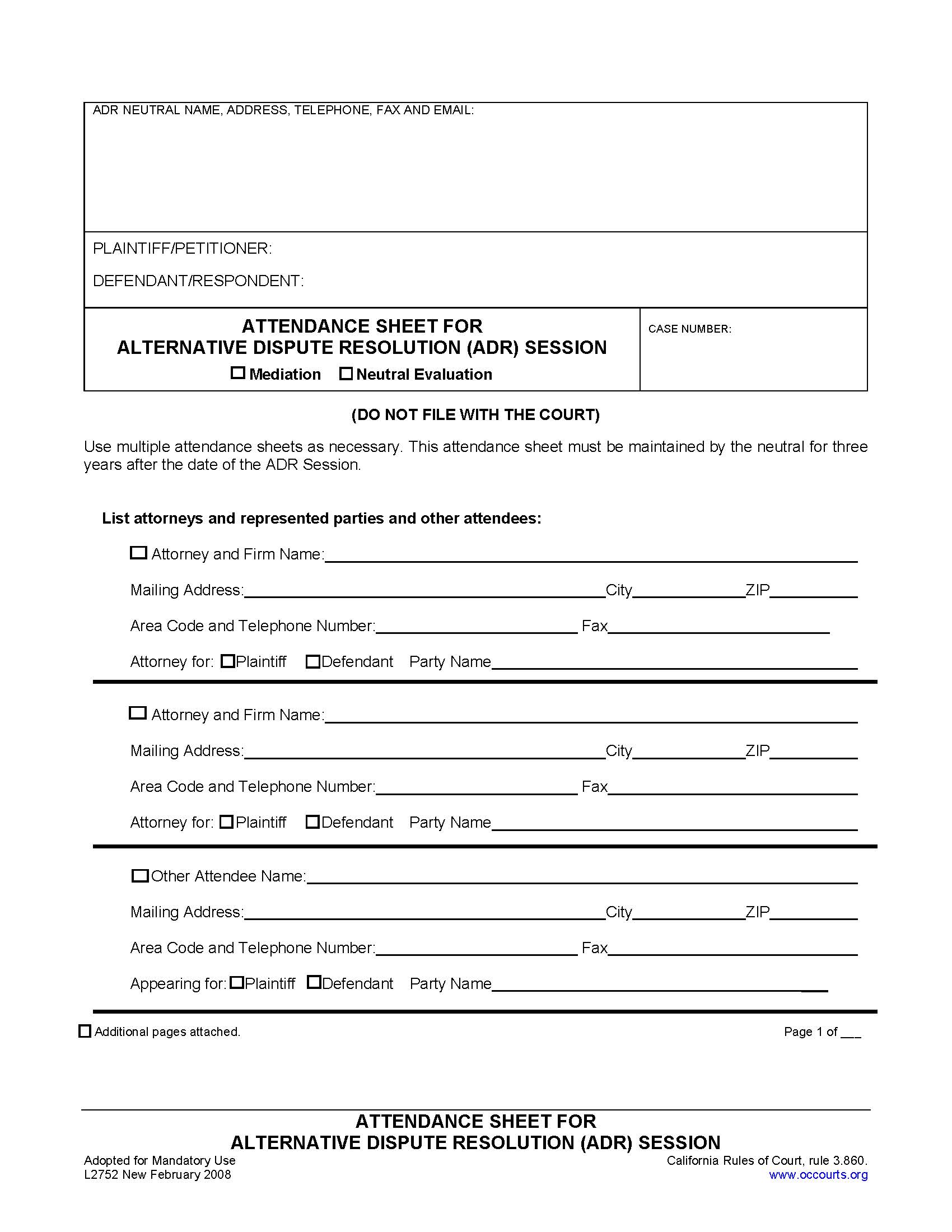 Attendance Sheet For Alternative Dispute Resolution (ADR) Session {L2752} | Pdf Fpdf Doc Docx | California