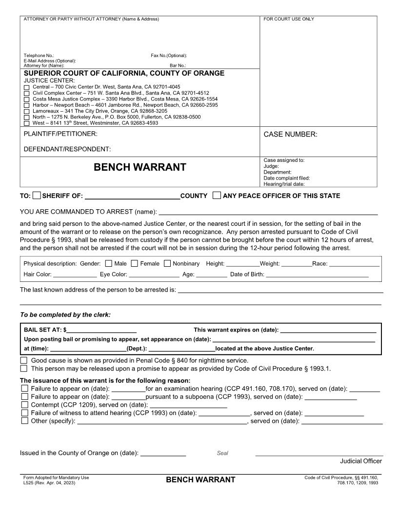 Bench Warrant {L525} | Pdf Fpdf Docx | California