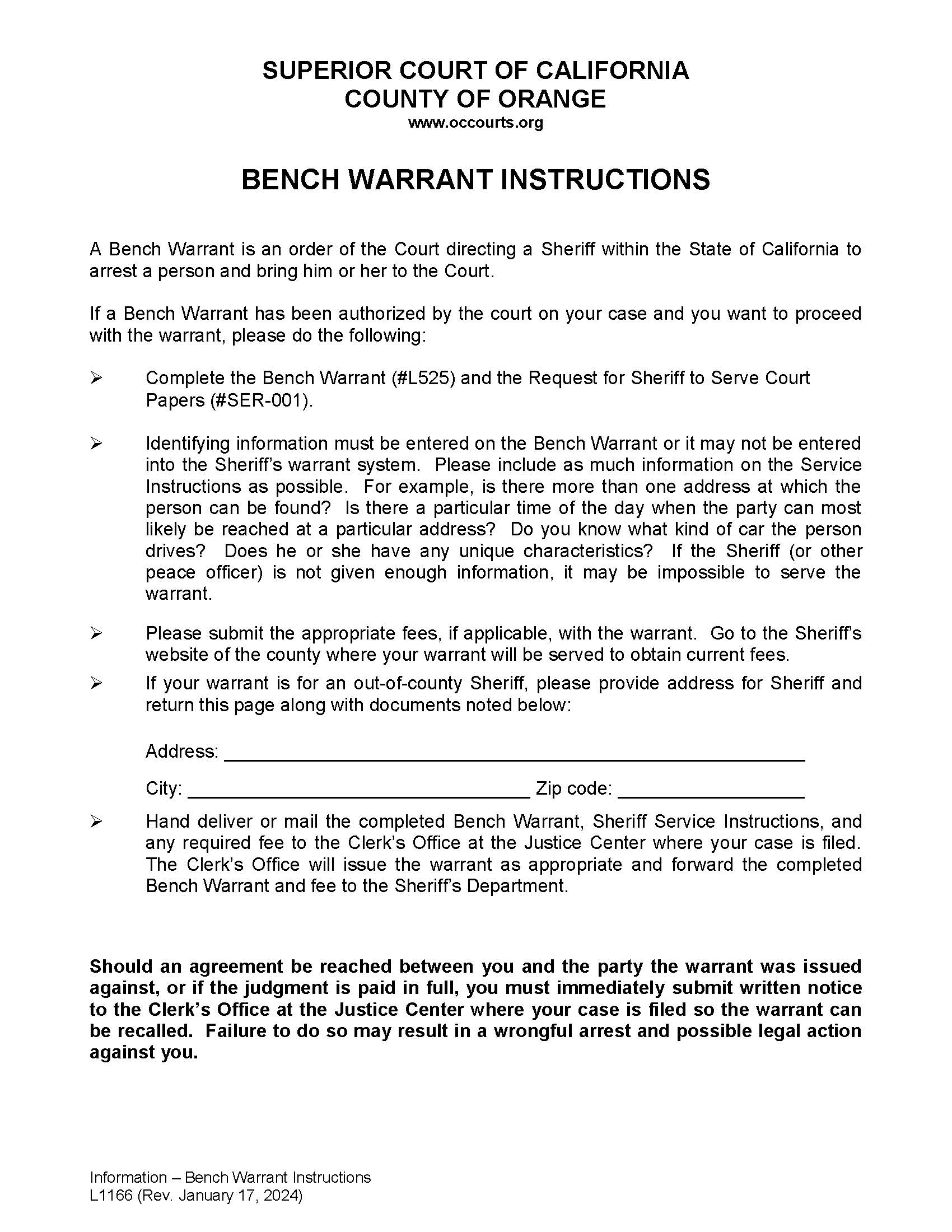 Bench Warrant Instructions {L-1166} | Pdf Fpdf Doc Docx | California