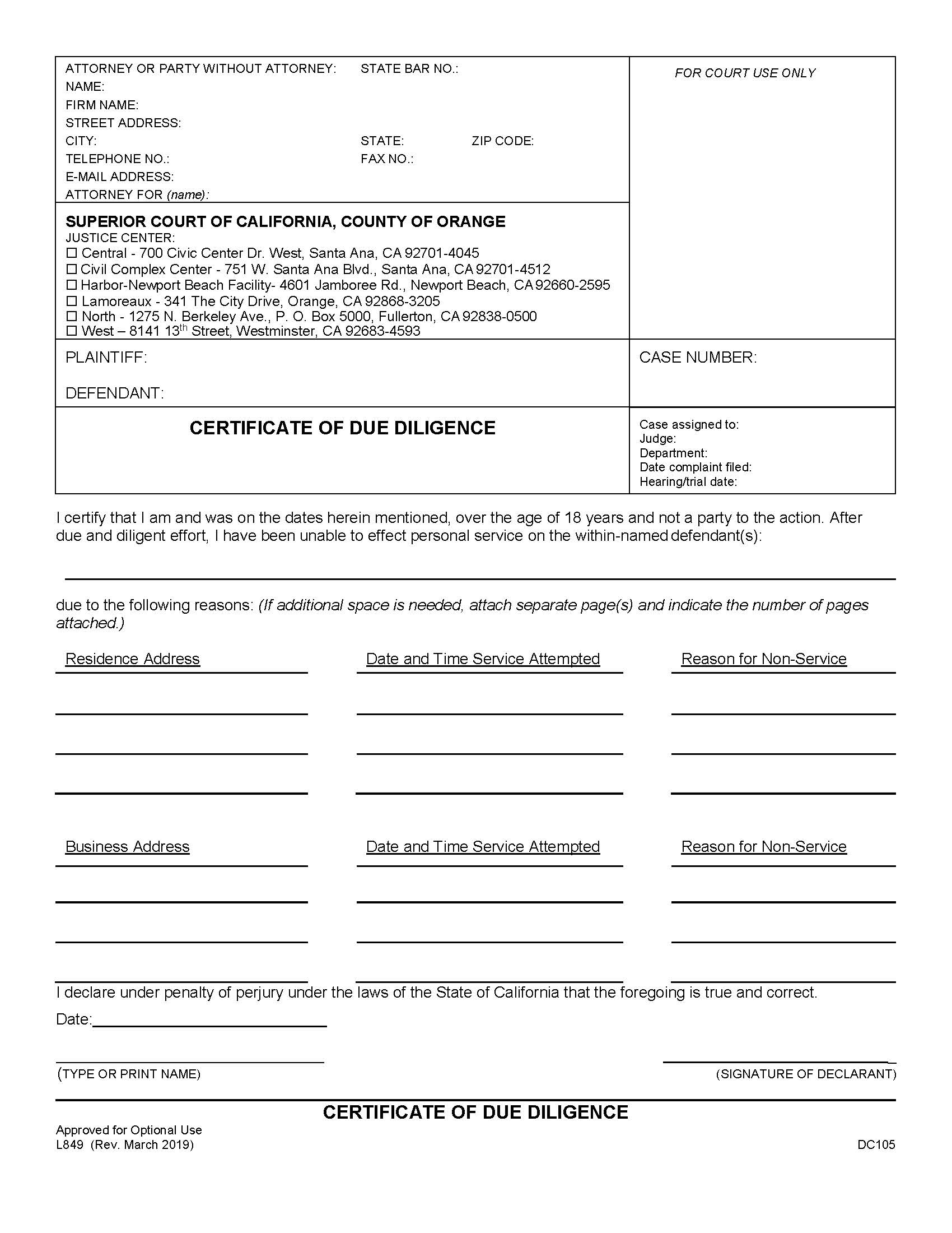 Certificate Of Due Diligence {L849} | Pdf Fpdf Docx | California