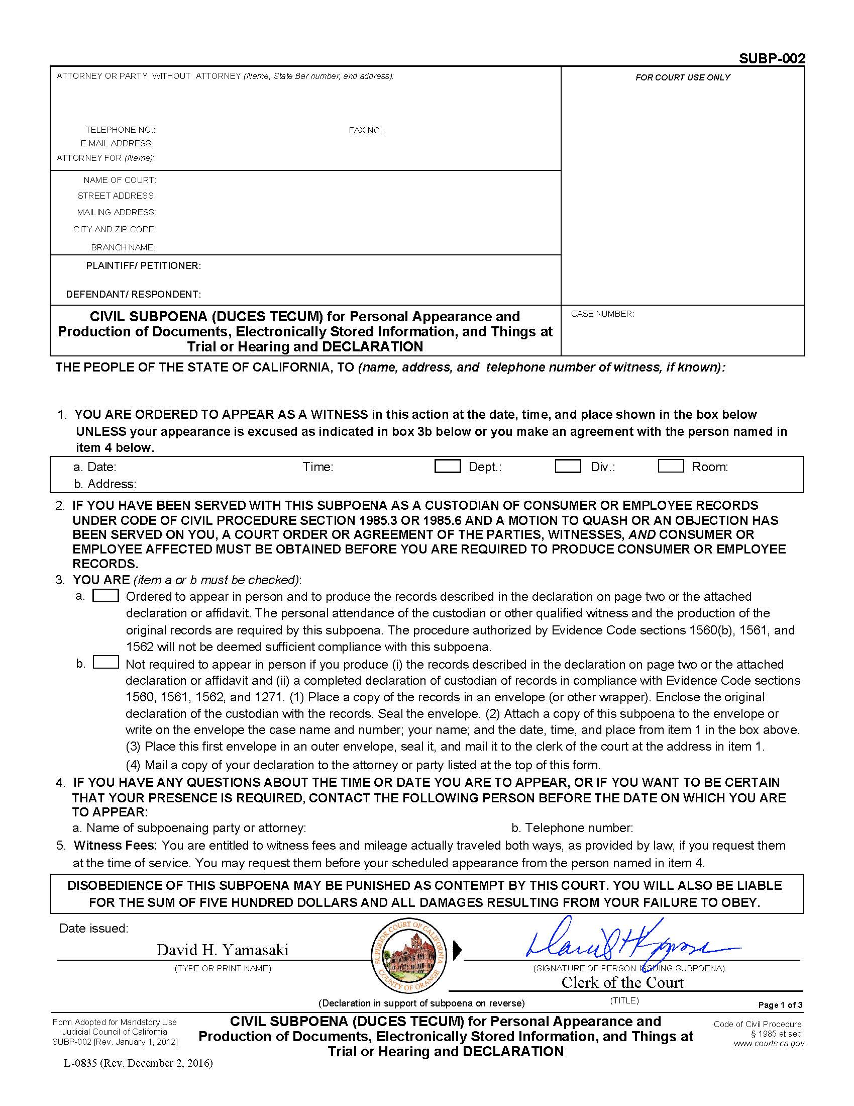 Civil Subpoena (Duces Tecum) For Personal Appearance (Orange County Pre-Issued) {L-0835} | Pdf Fpdf Doc Docx | California