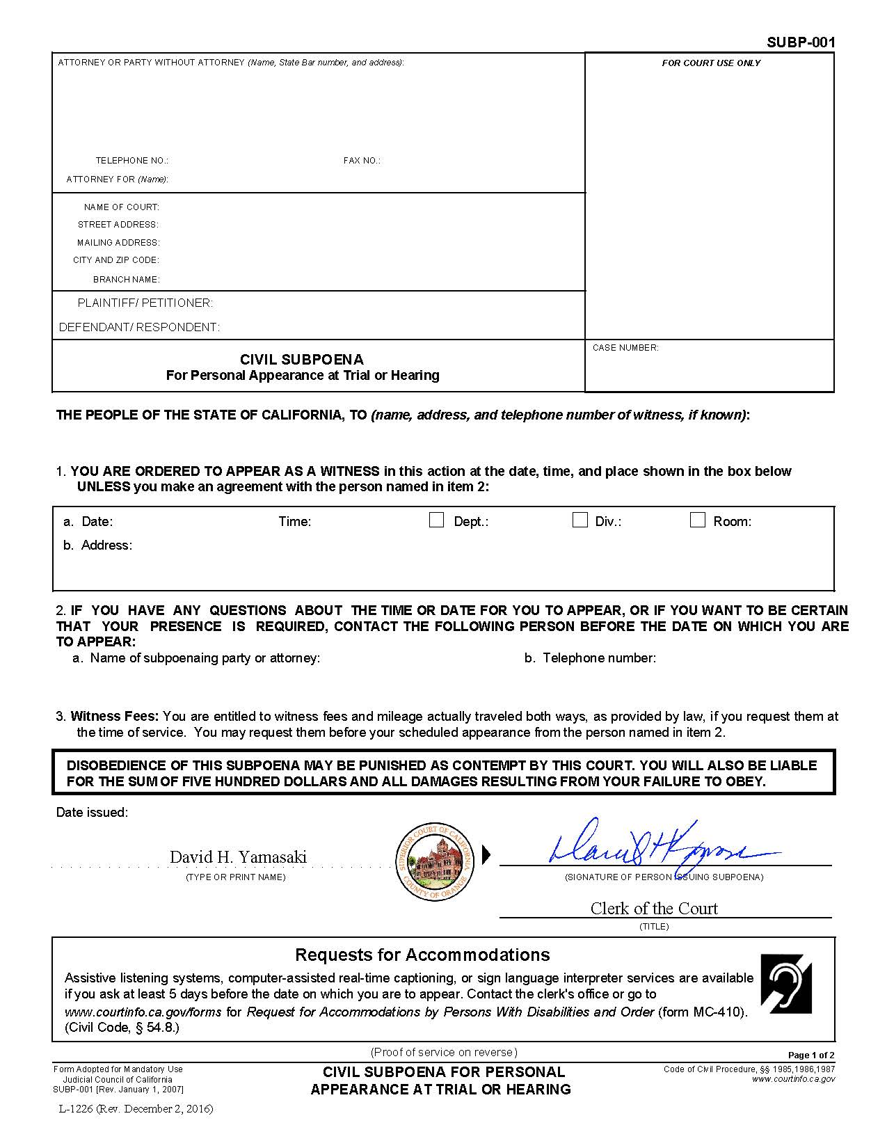 Civil Subpoena For Personal Appearance At Trial Or Hearing (Orange County Pre-Issued) {L-1226} | Pdf Fpdf Doc Docx | California
