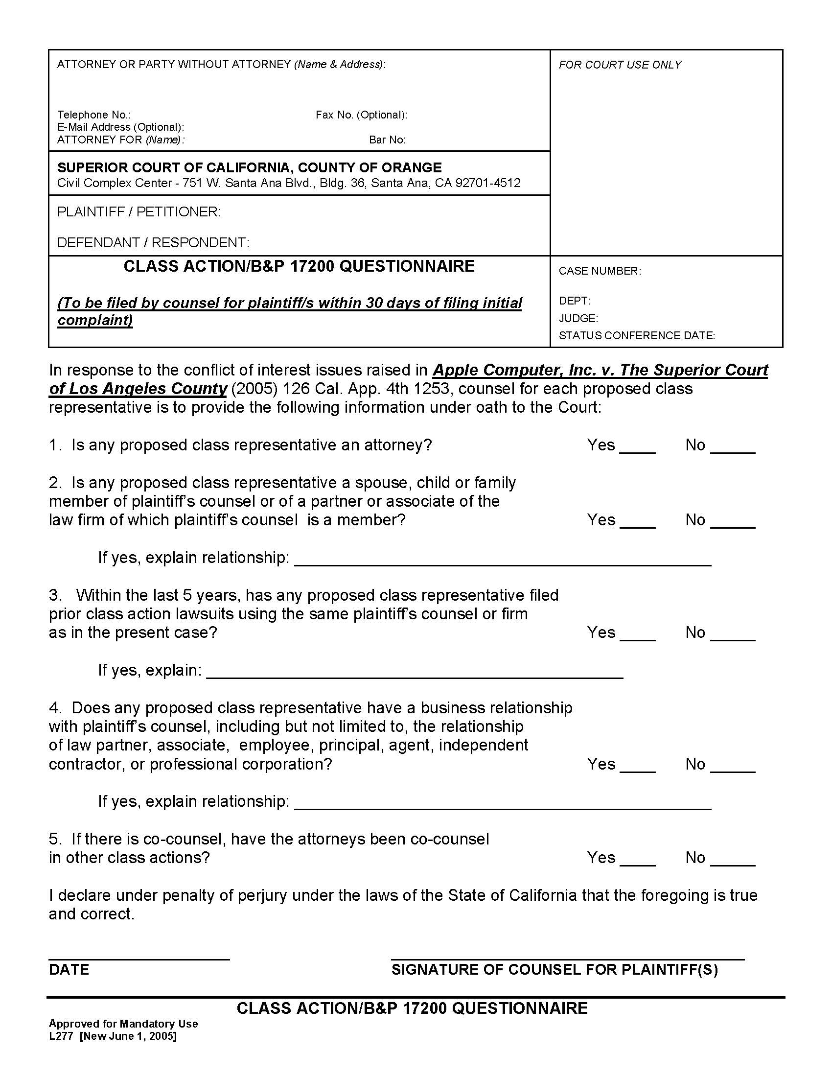 Class Action-B And P 17200 Questionnaire {L277} | Pdf Fpdf Doc Docx | California
