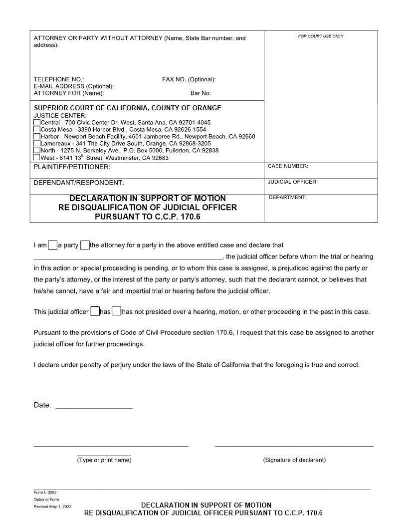 Declaration In Support Of Motion Re Disqualification Of Judge {L-292} | Pdf Fpdf Doc Docx | California