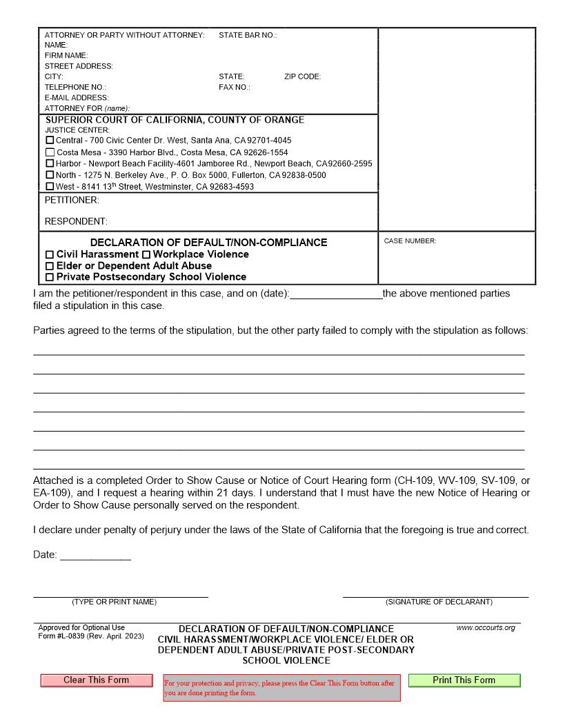 Declaration Of Default-Non-Compliance Civil Harassment-Workplace Violence {L839} | Pdf Fpdf Docx | California