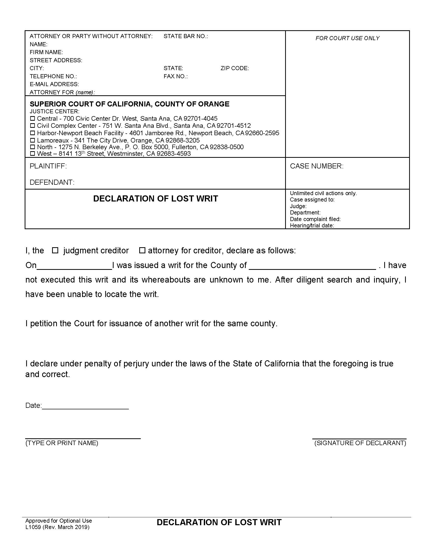 Declaration Of Lost Writ {L1059} | Pdf Fpdf Docx | California