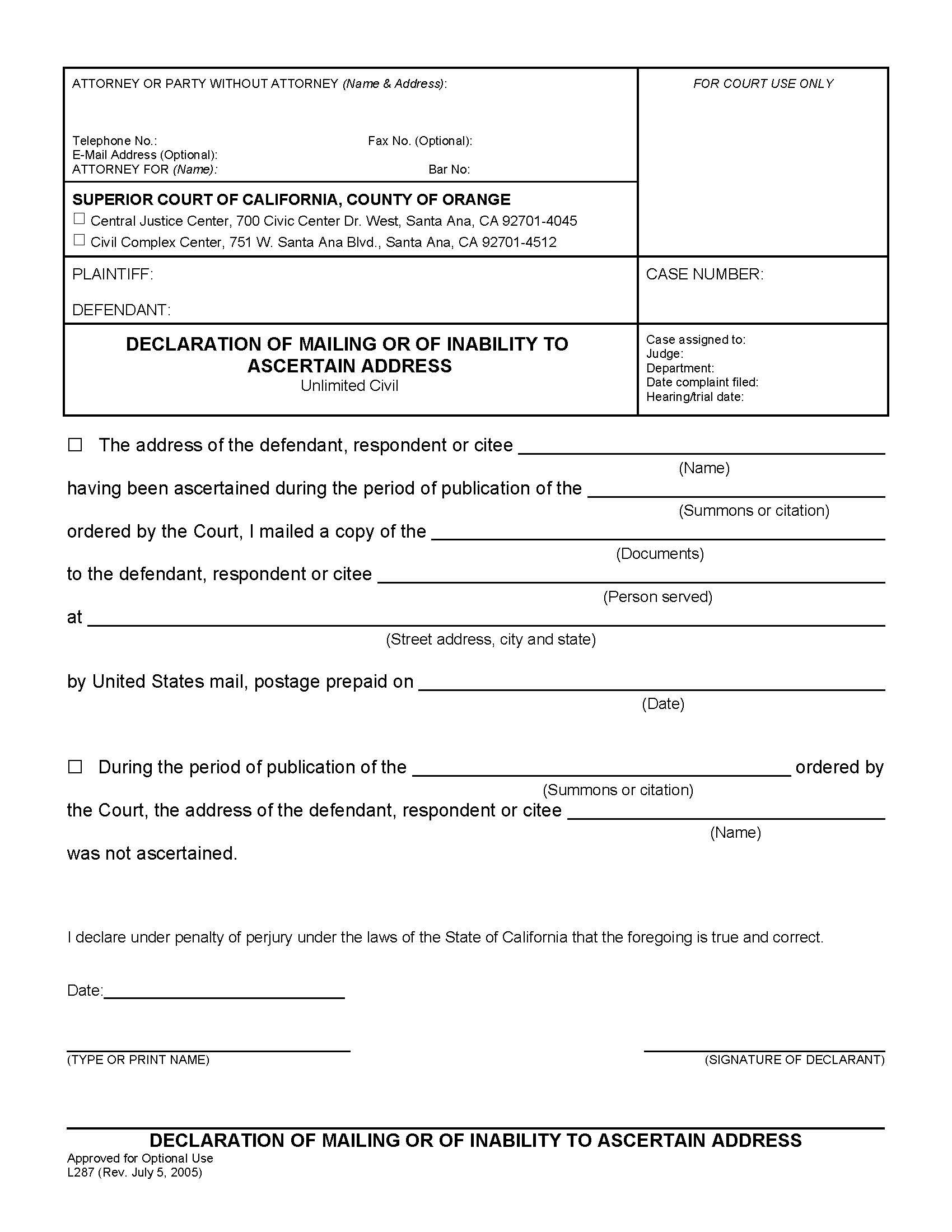 Declaration Of Mailing Or Inability To Ascertain Address {L287} | Pdf Fpdf Doc Docx | California