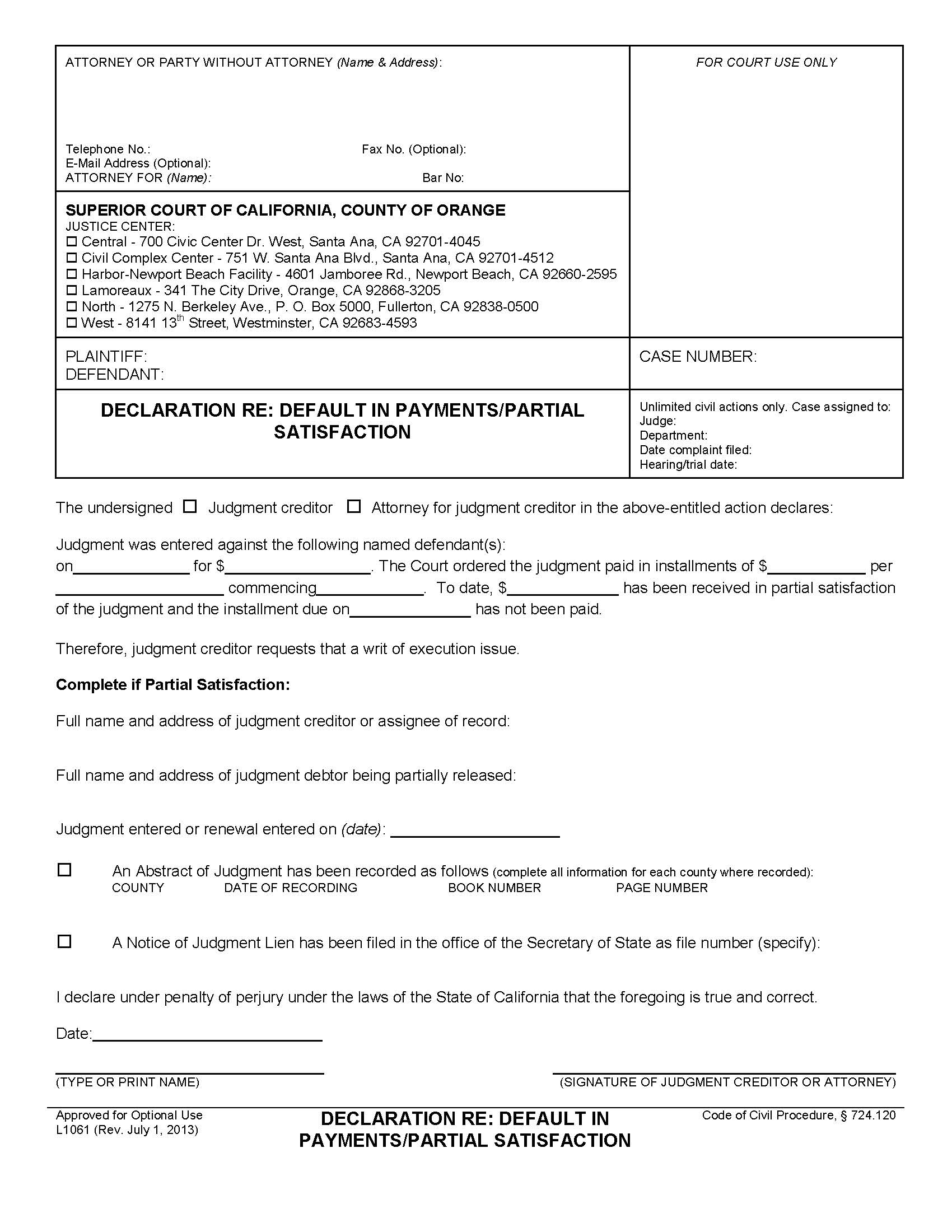 Declaration Re Default In Payments-Partial Satisfaction {L1061} | Pdf Fpdf Doc Docx | California
