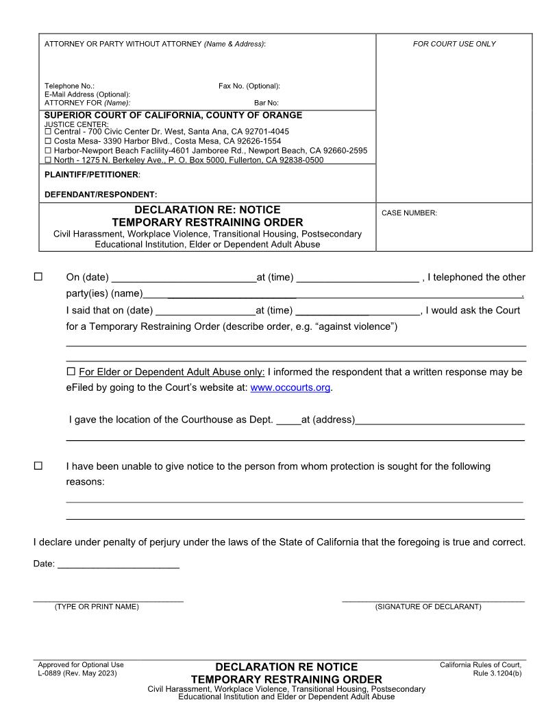 Declaration Re Notice Temporary Restraining Order Civil Harrassment Workplace Violence {L-0889} | Pdf Fpdf Docx | California