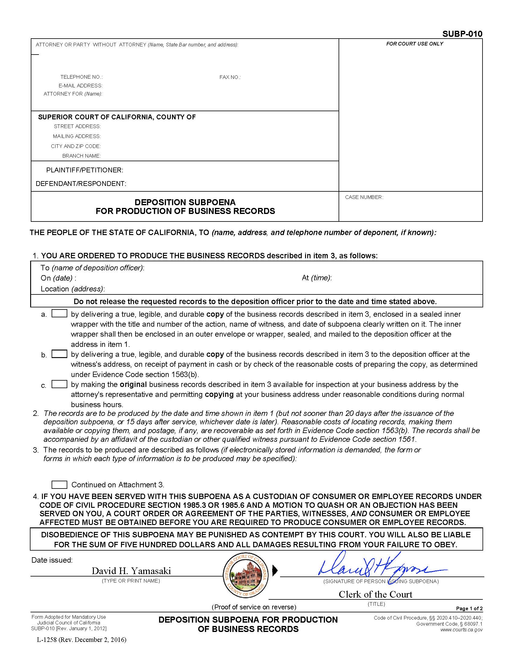 Deposition Subpoena For Production Of Business Records (Orange County Pre-Issued) {L-1258} | Pdf Fpdf Doc Docx | California