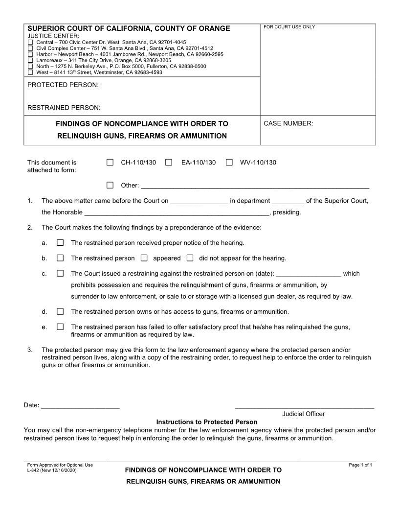 Findings Of Noncompliance With Order To Relinguish Guns Firearms Or Ammunition {L-0842} | Pdf Fpdf Docx | California