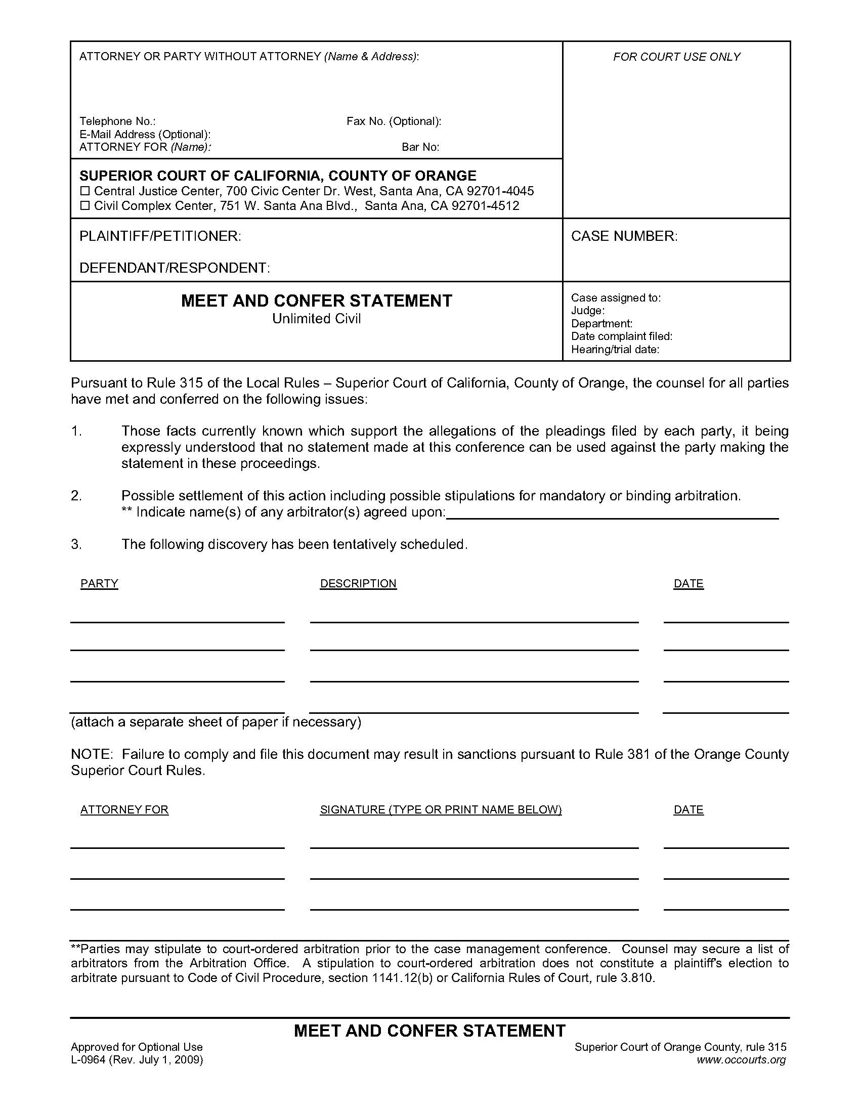 Meet And Confer Statement {L-0964} | Pdf Fpdf Doc Docx | California