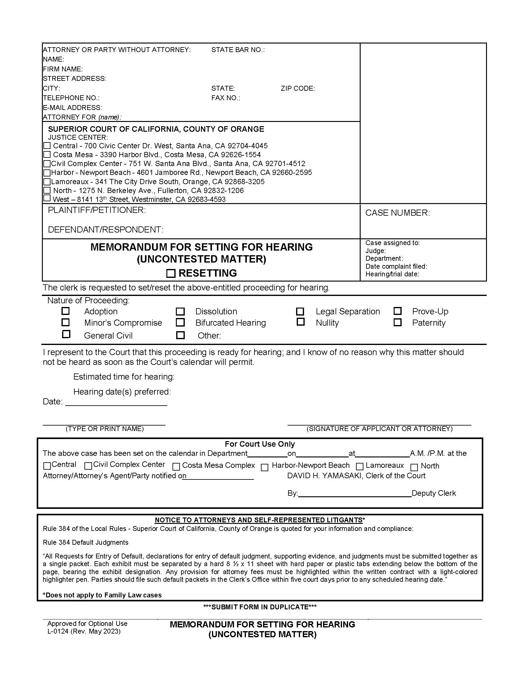 Memorandum For Setting For Hearing {L-0124} | Pdf Fpdf Docx | California