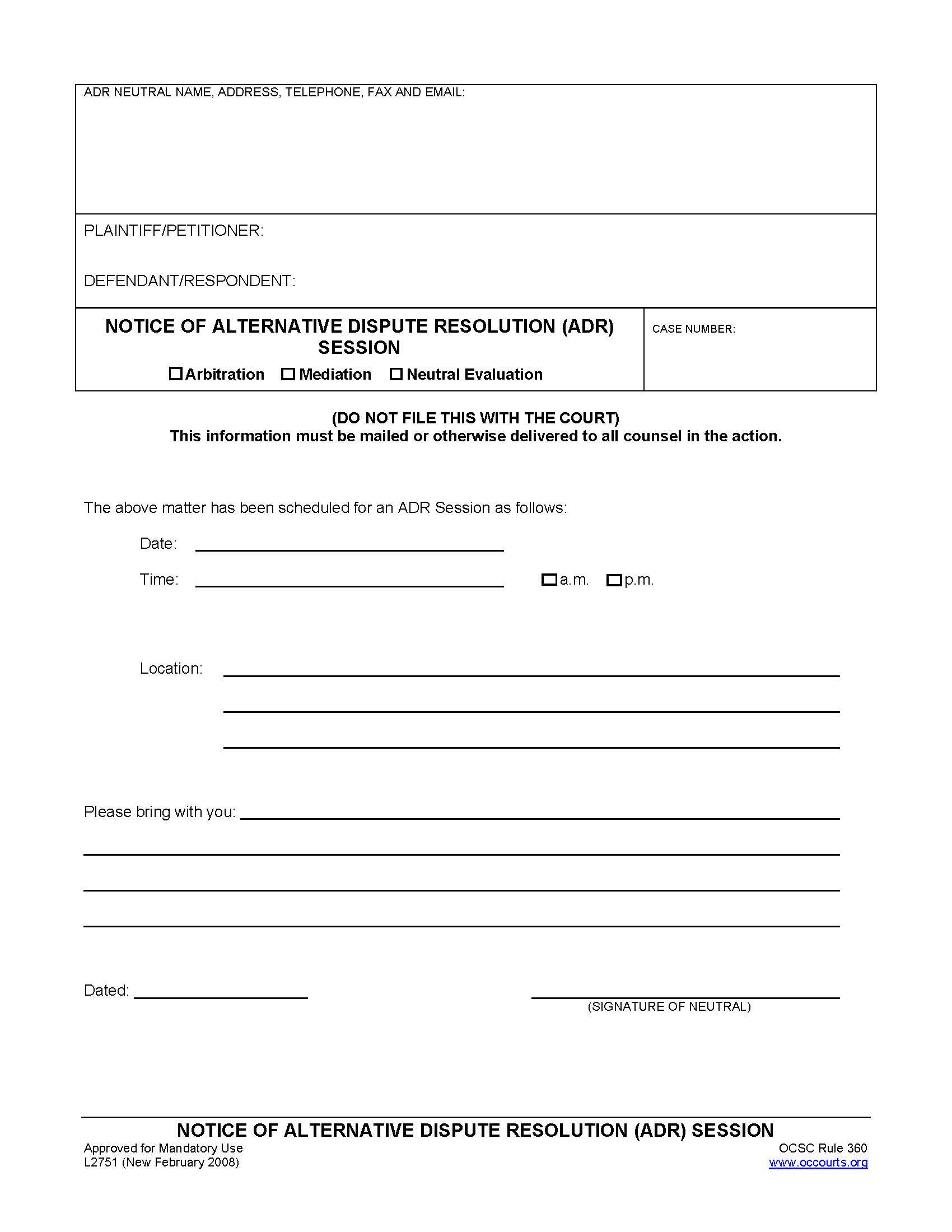 Notice Of Alternative Dispute Resolution (ADR) Session {L2751} | Pdf Fpdf Doc Docx | California