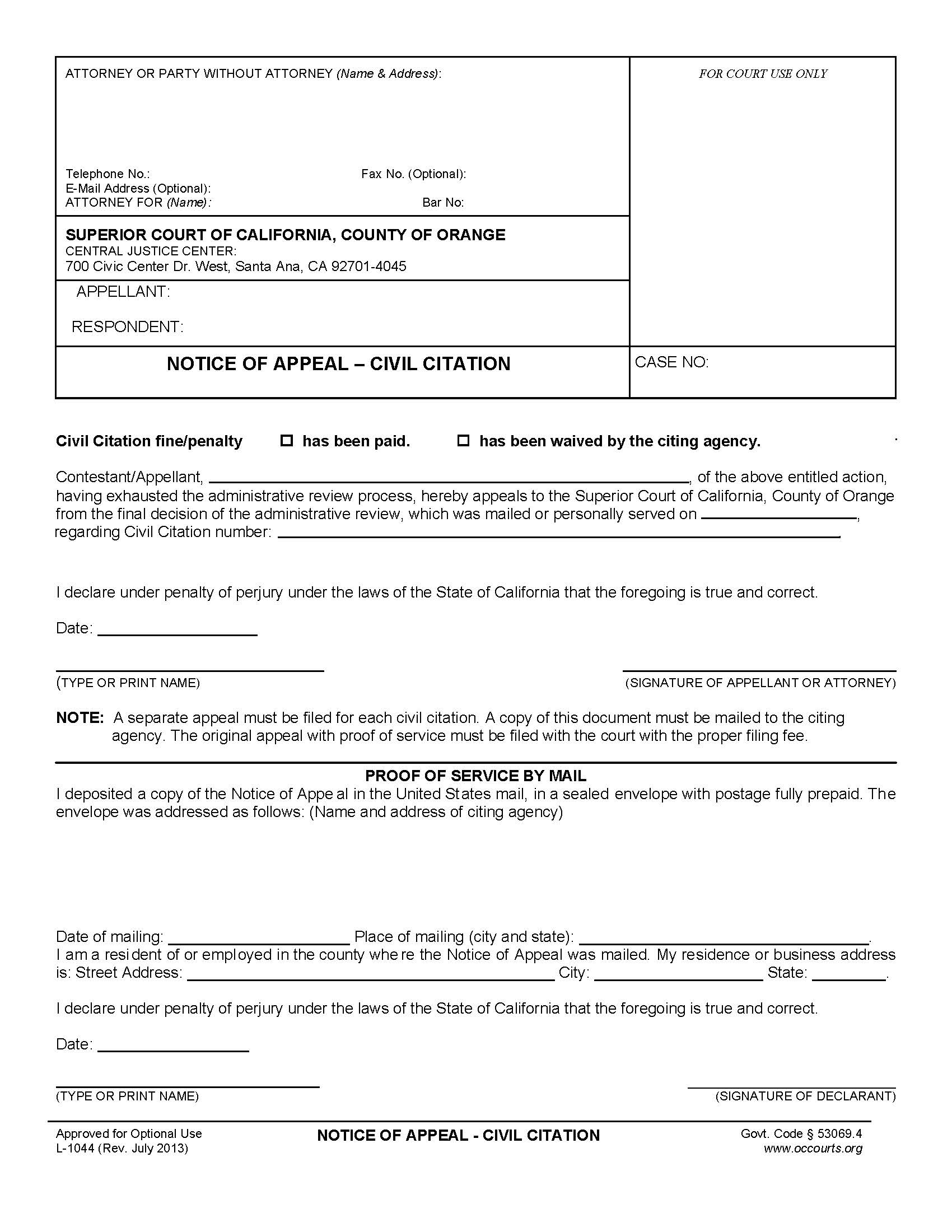 Notice Of Appeal (Civil Citation) {L1044} | Pdf Fpdf Doc Docx | California