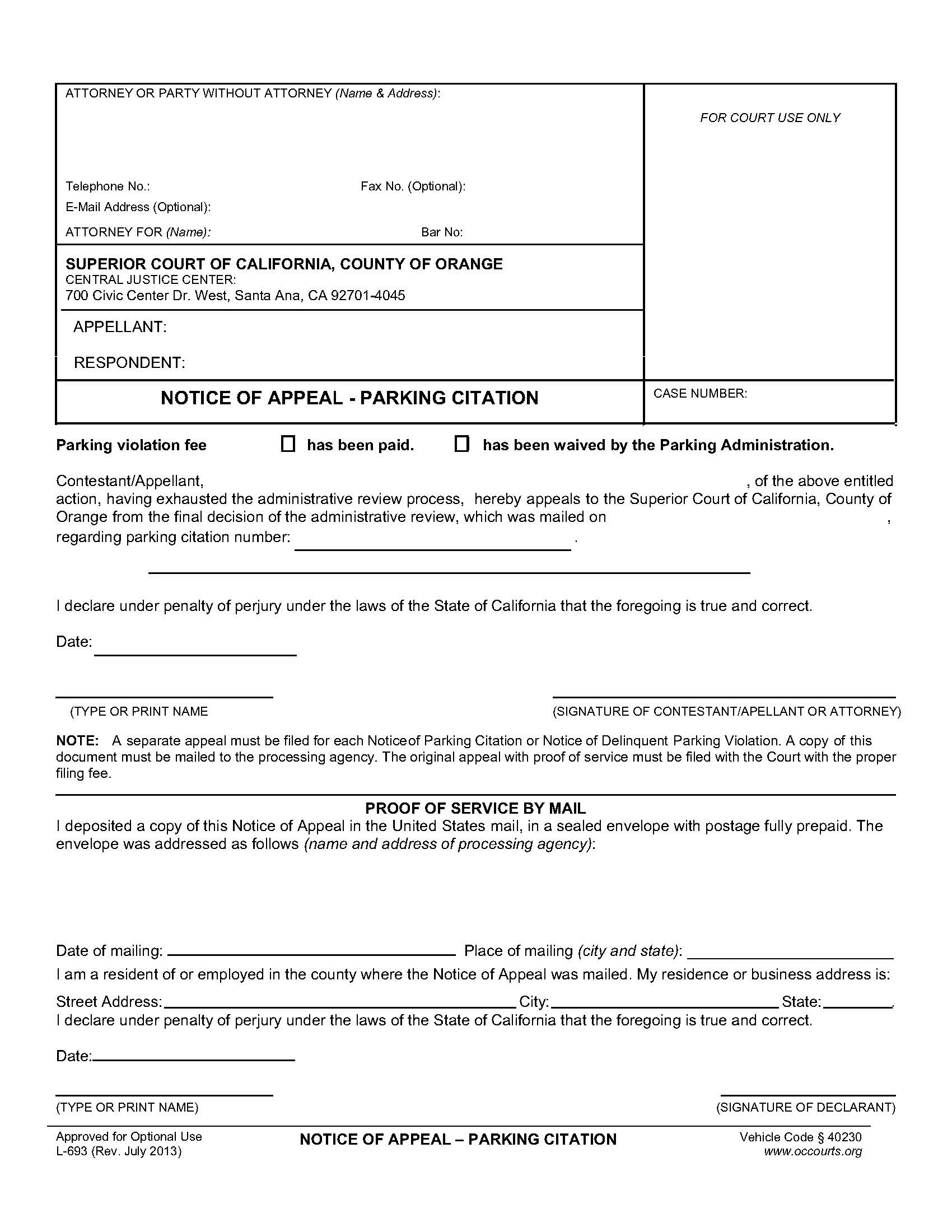 Notice Of Appeal-Parking Citation {L693} | Pdf Fpdf Doc Docx | California