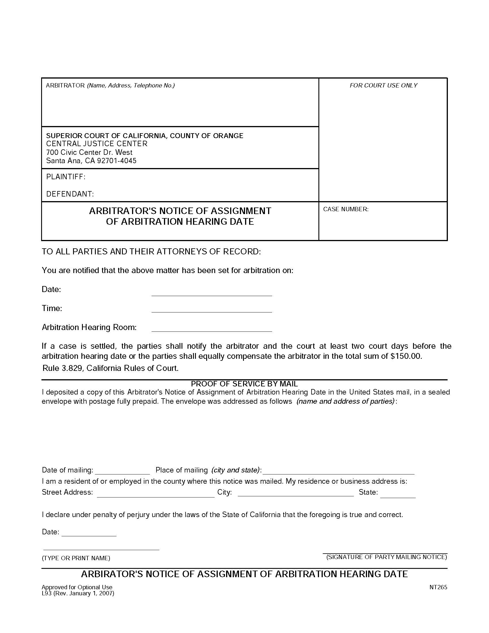 Notice Of Assignment Of Arbitration Hearing Date {L-0093} | Pdf Fpdf Doc Docx | California