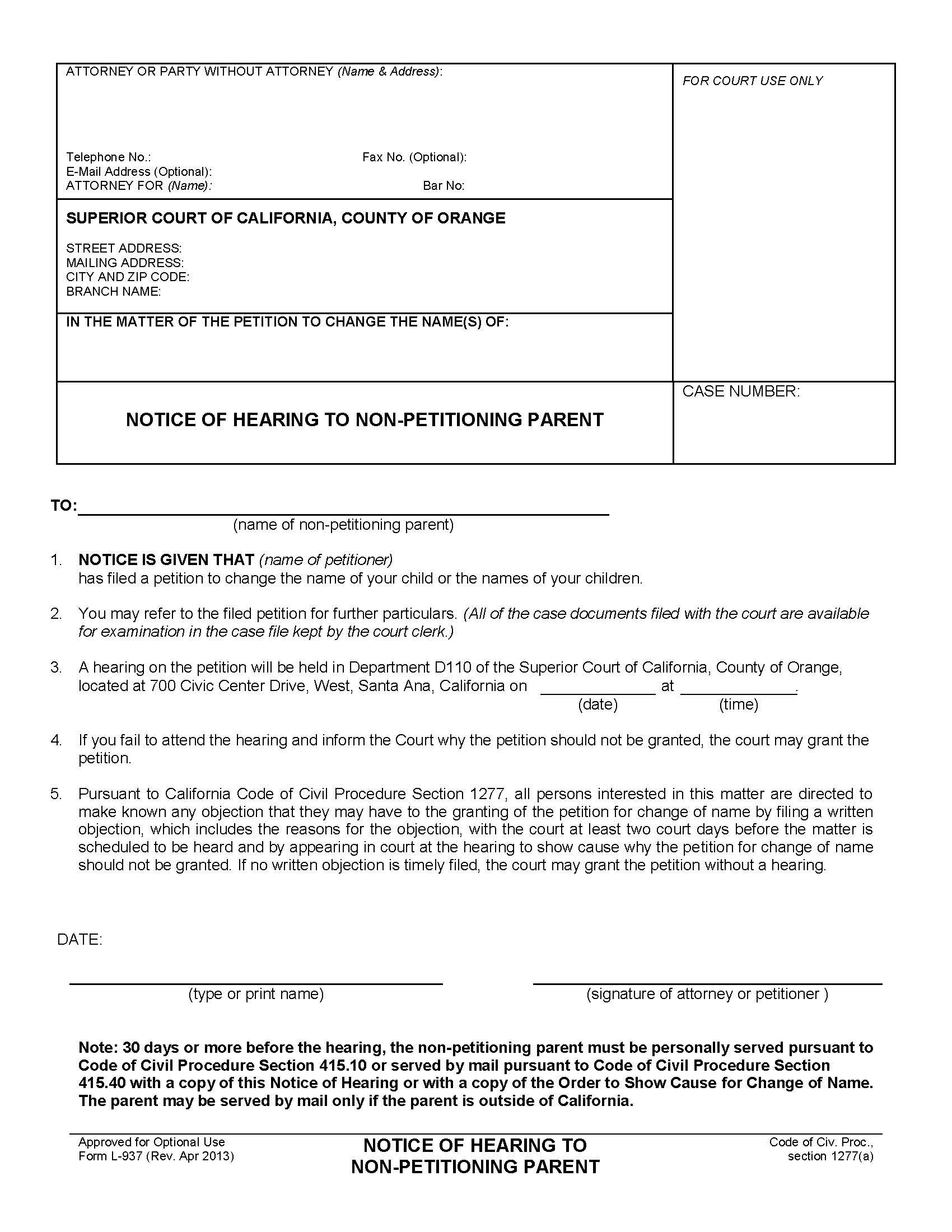 Notice Of Hearing To Non-Petitioning Parent {L-937} | Pdf Fpdf Doc Docx | California