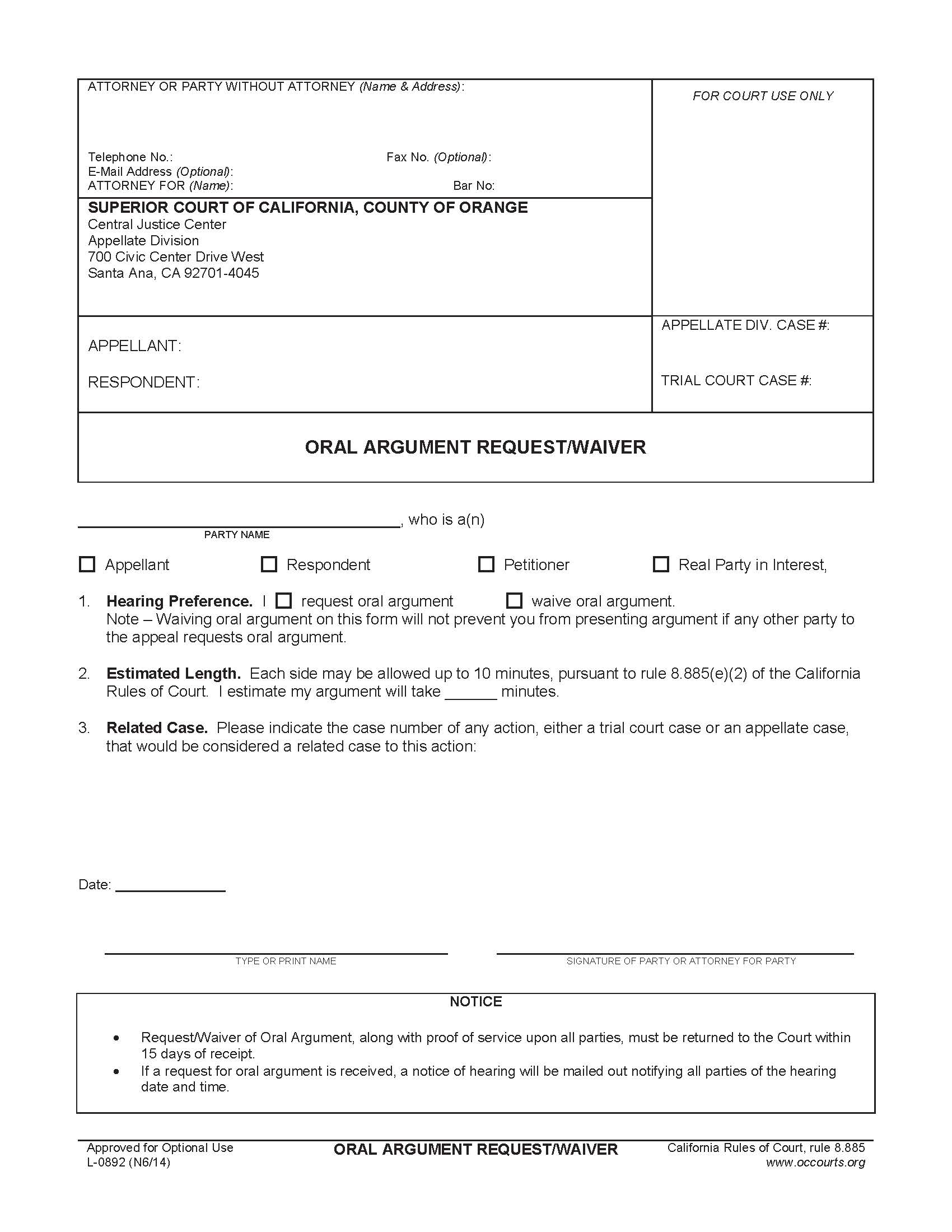 Oral Argument Request-Waiver {L-0892} | Pdf Fpdf Doc Docx | California
