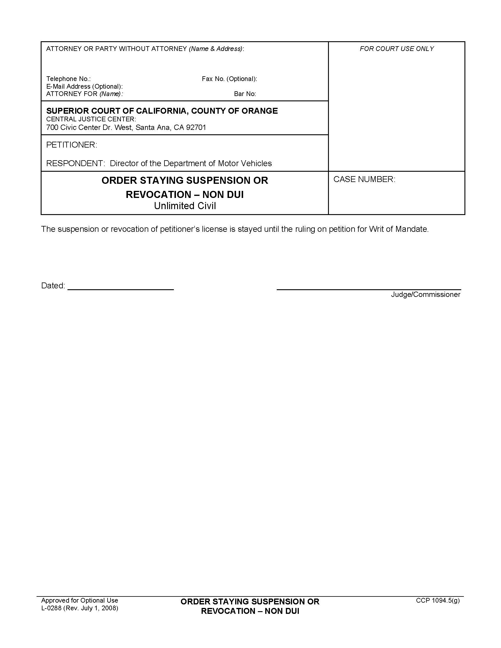 Order Staying Suspension Or Revocation-Non DUI {L-0288} | Pdf Fpdf Doc Docx | California