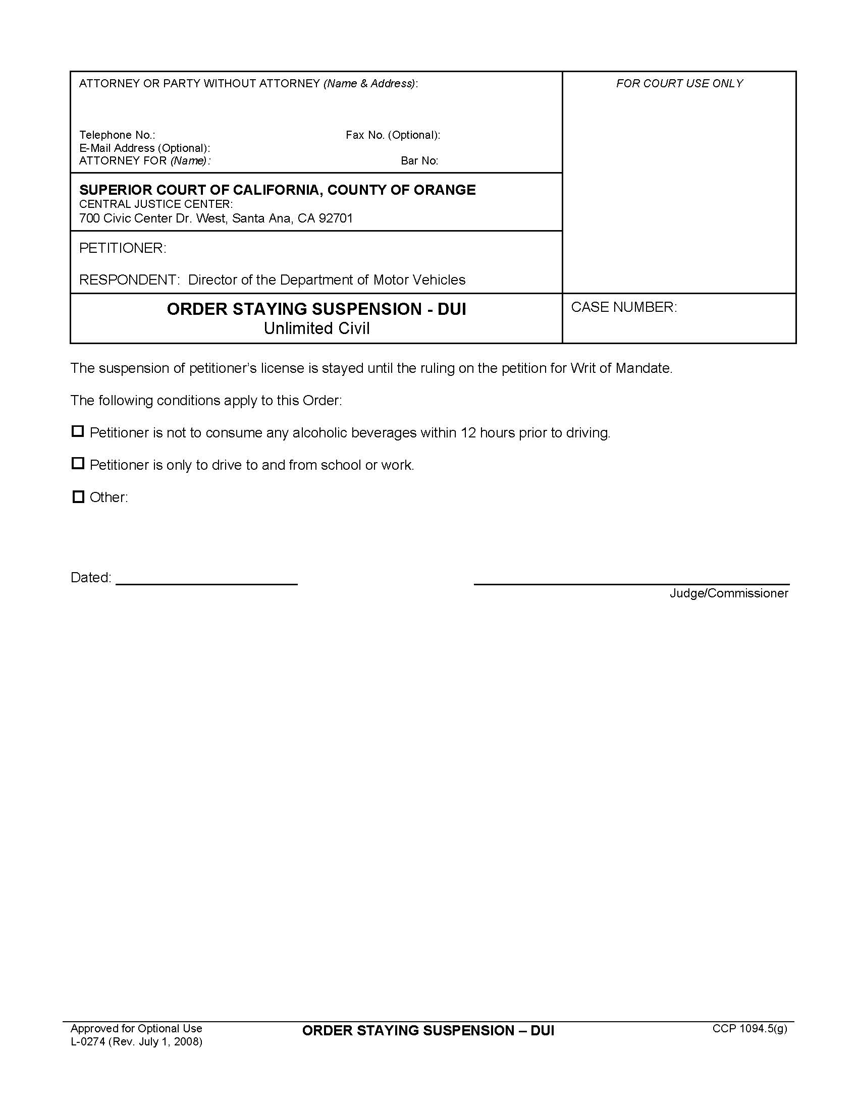Order Staying Suspension-DUI {L274} | Pdf Fpdf Doc Docx | California
