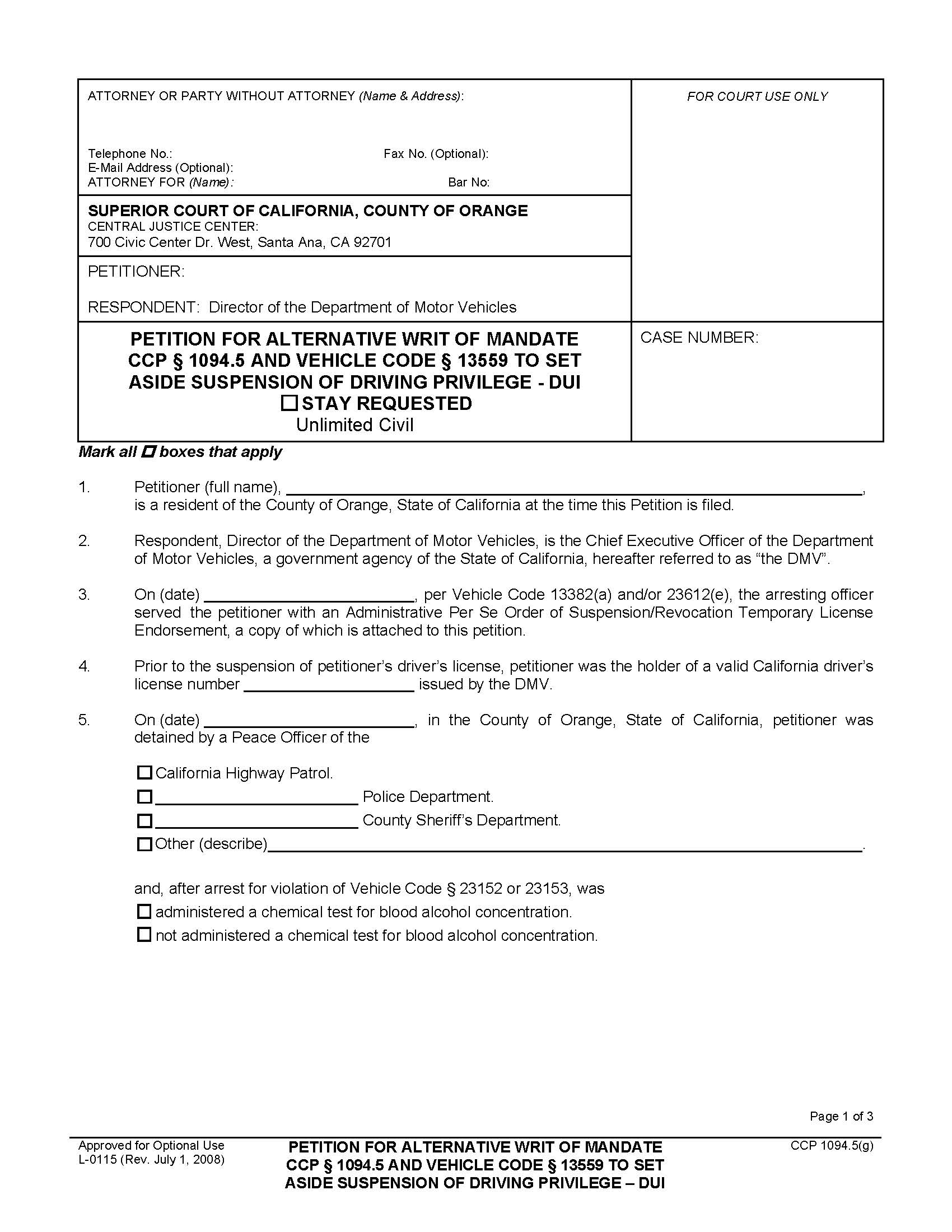 Petition For Alternative Writ Of Mandate To Set Aside Suspension Of Driving Priviledge-DUI {L115} | Pdf Fpdf Doc Docx | California