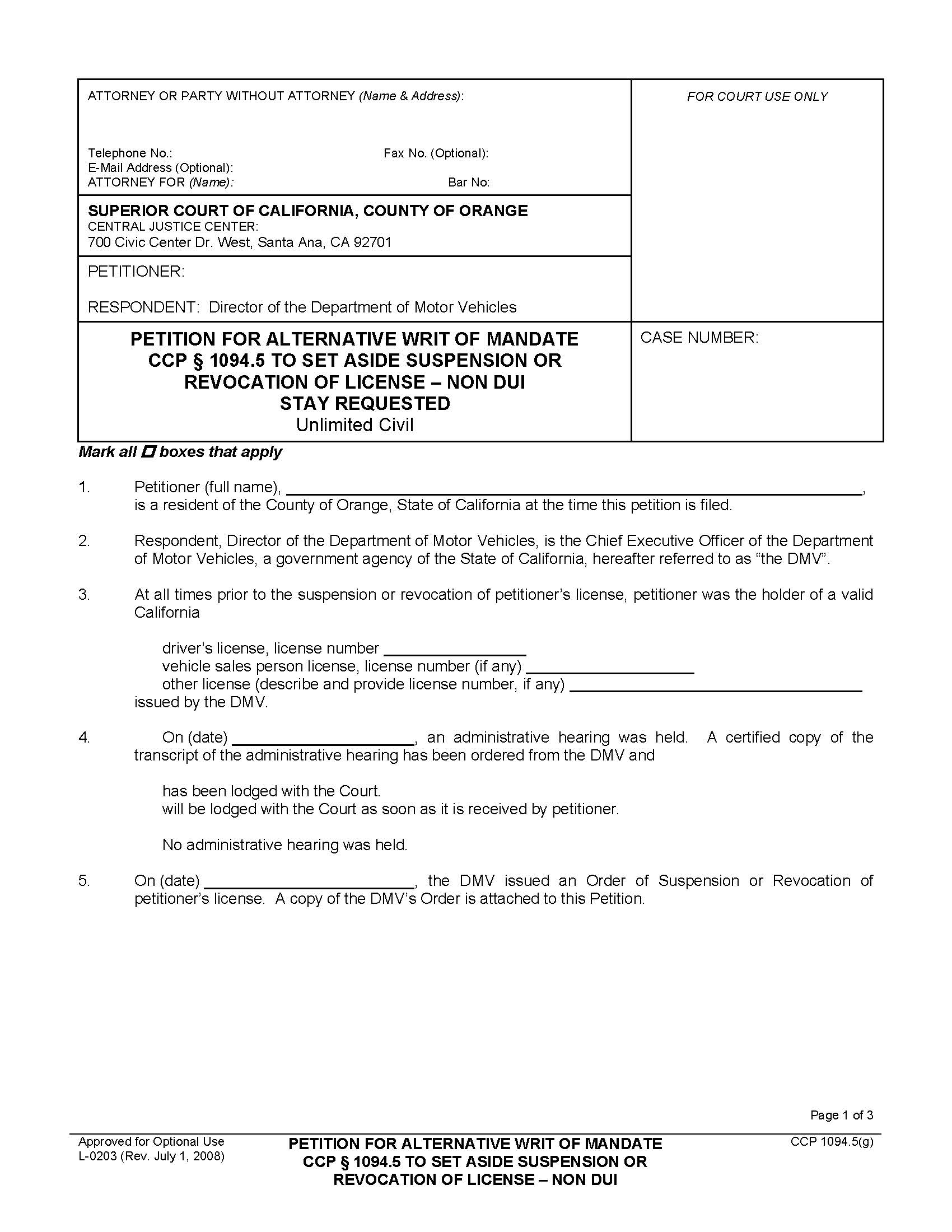 Petition For Alternative Writ Of Mandate-To Set Aside Suspension-License-Non DUI {L-0203} | Pdf Fpdf Docx | California