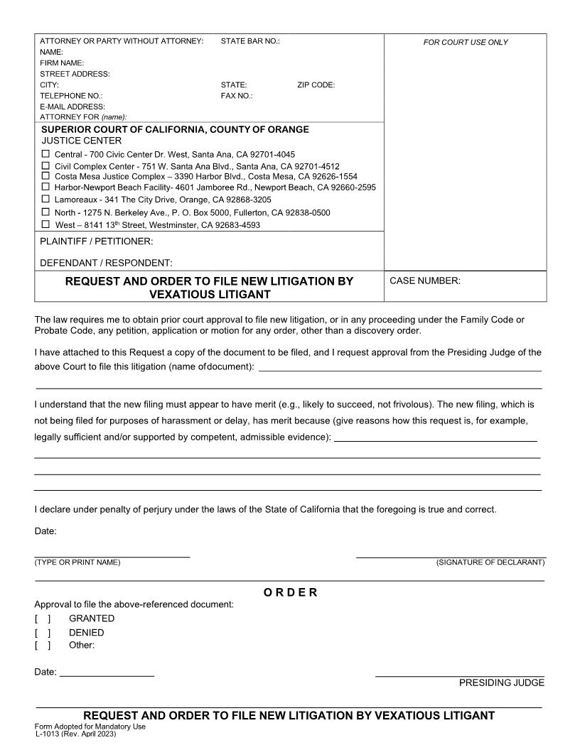 Request And Order To File New Litigation By Vexatious Litigant {L-1013} | Pdf Fpdf Docx | California