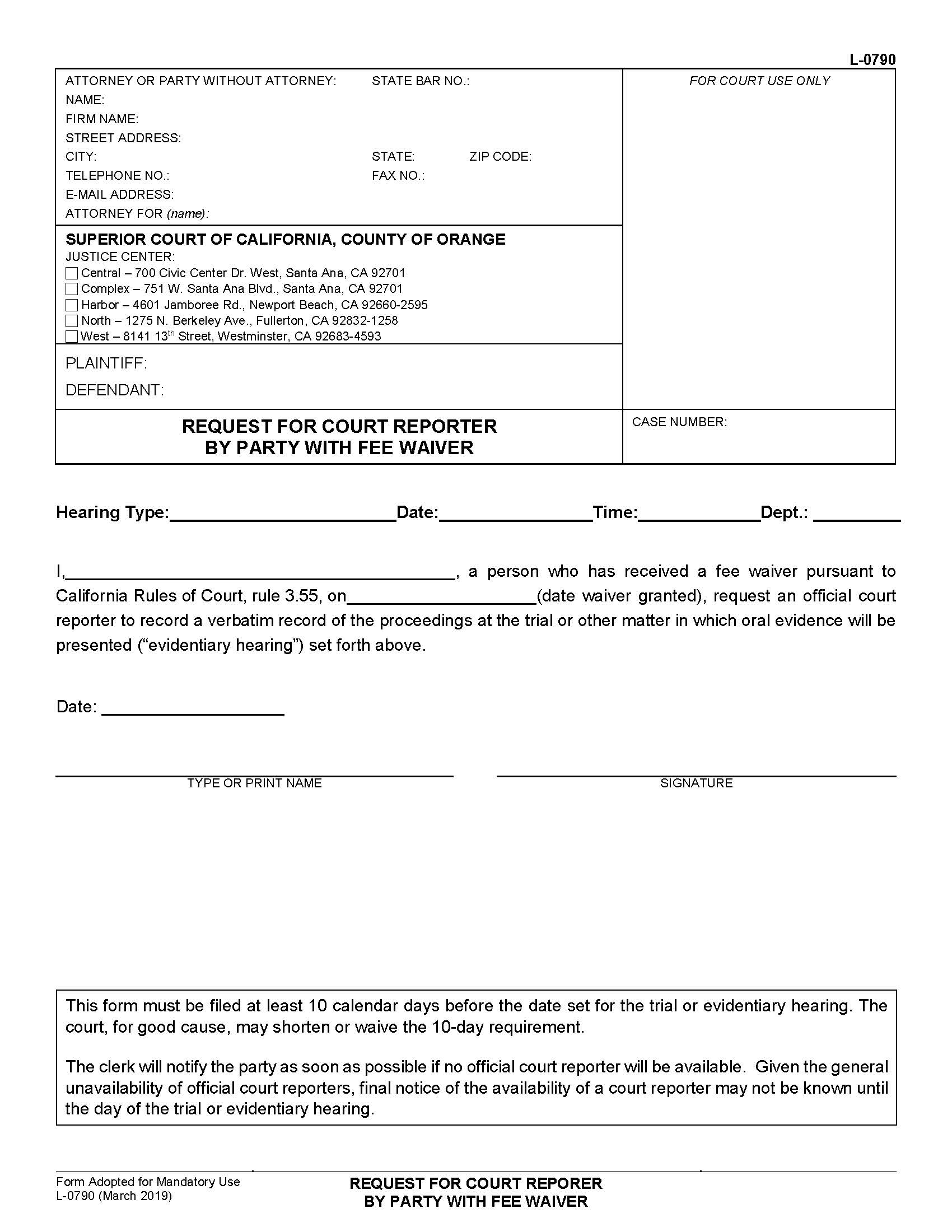 Request For Court Reporter By Party With Fee Waiver {L-0790} | Pdf Fpdf Docx | California