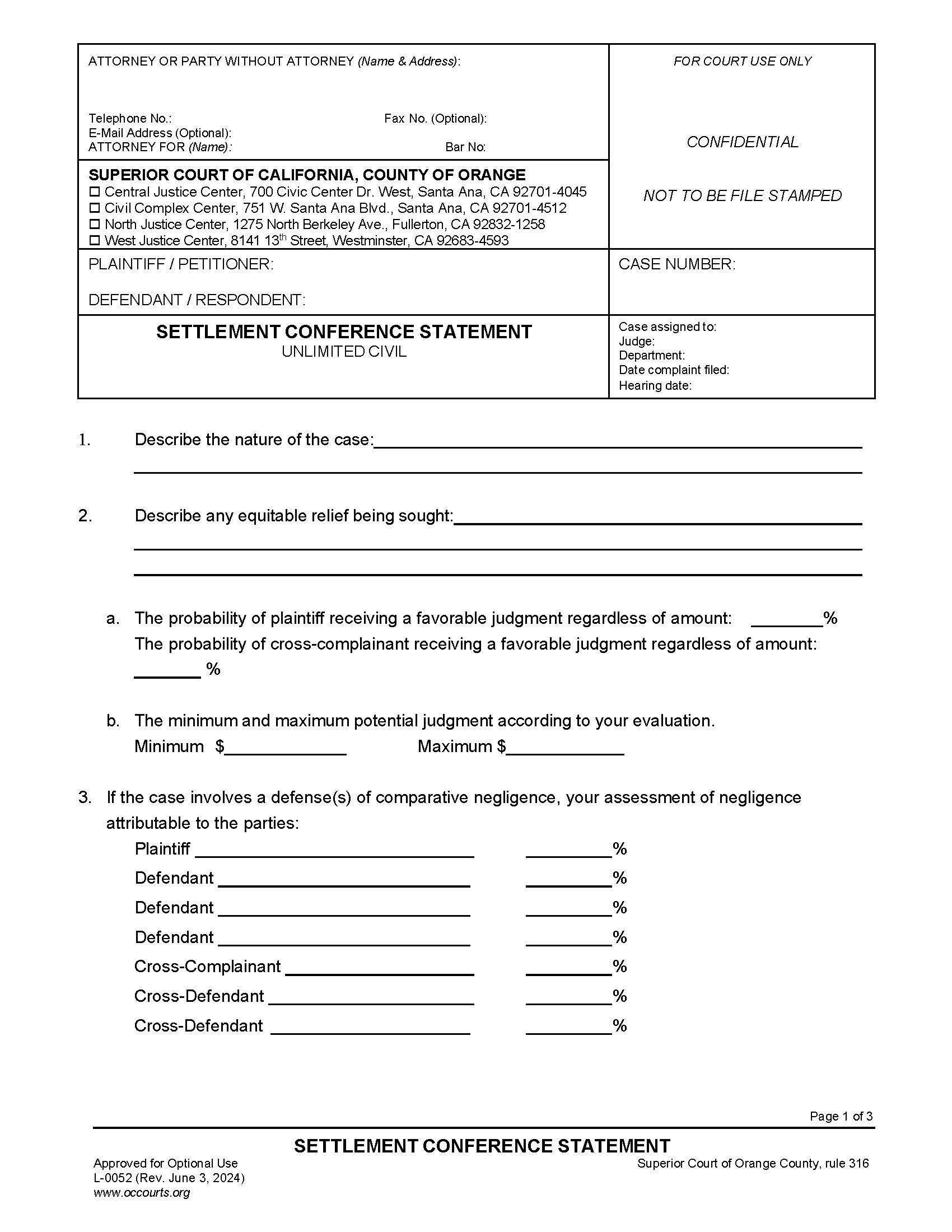 Settlement Conference Statement {L-0052} | Pdf Fpdf Doc Docx | California