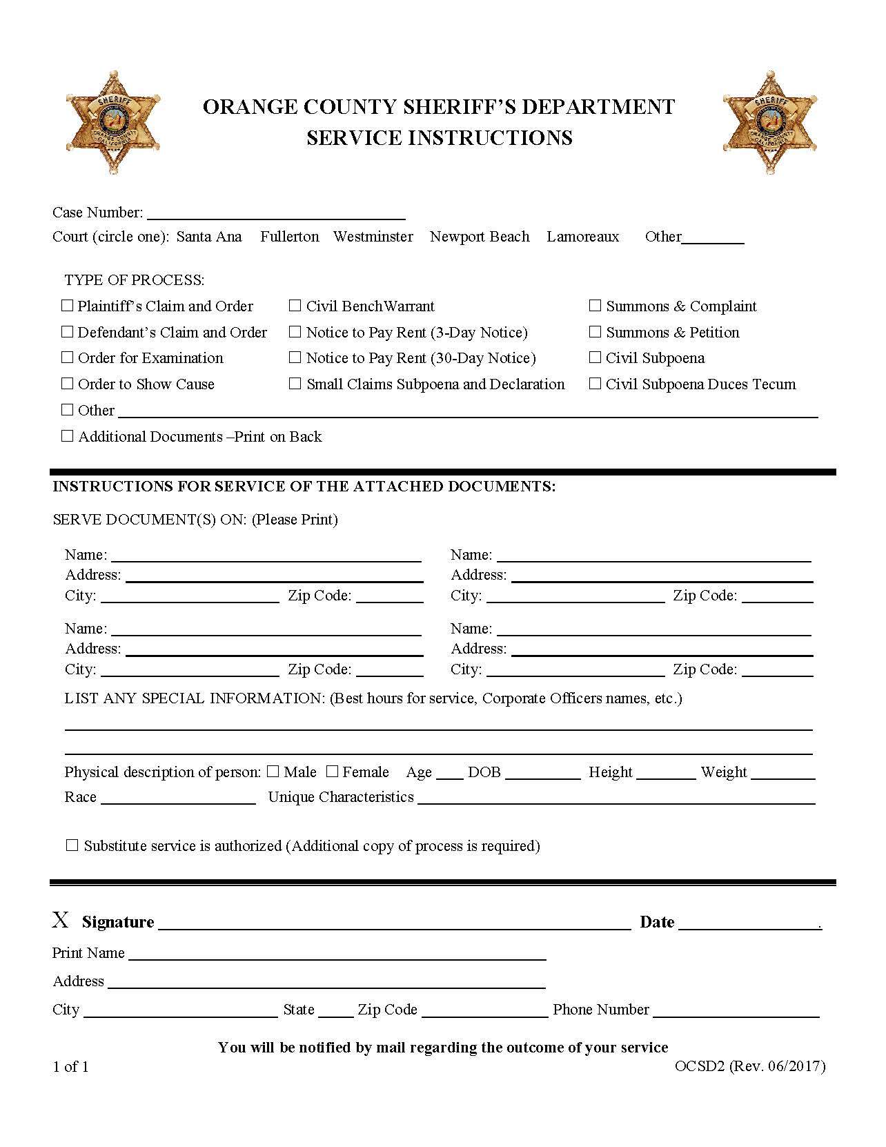 Sheriff Instruction Sheet {OCSD2} | Pdf Fpdf Doc Docx | California