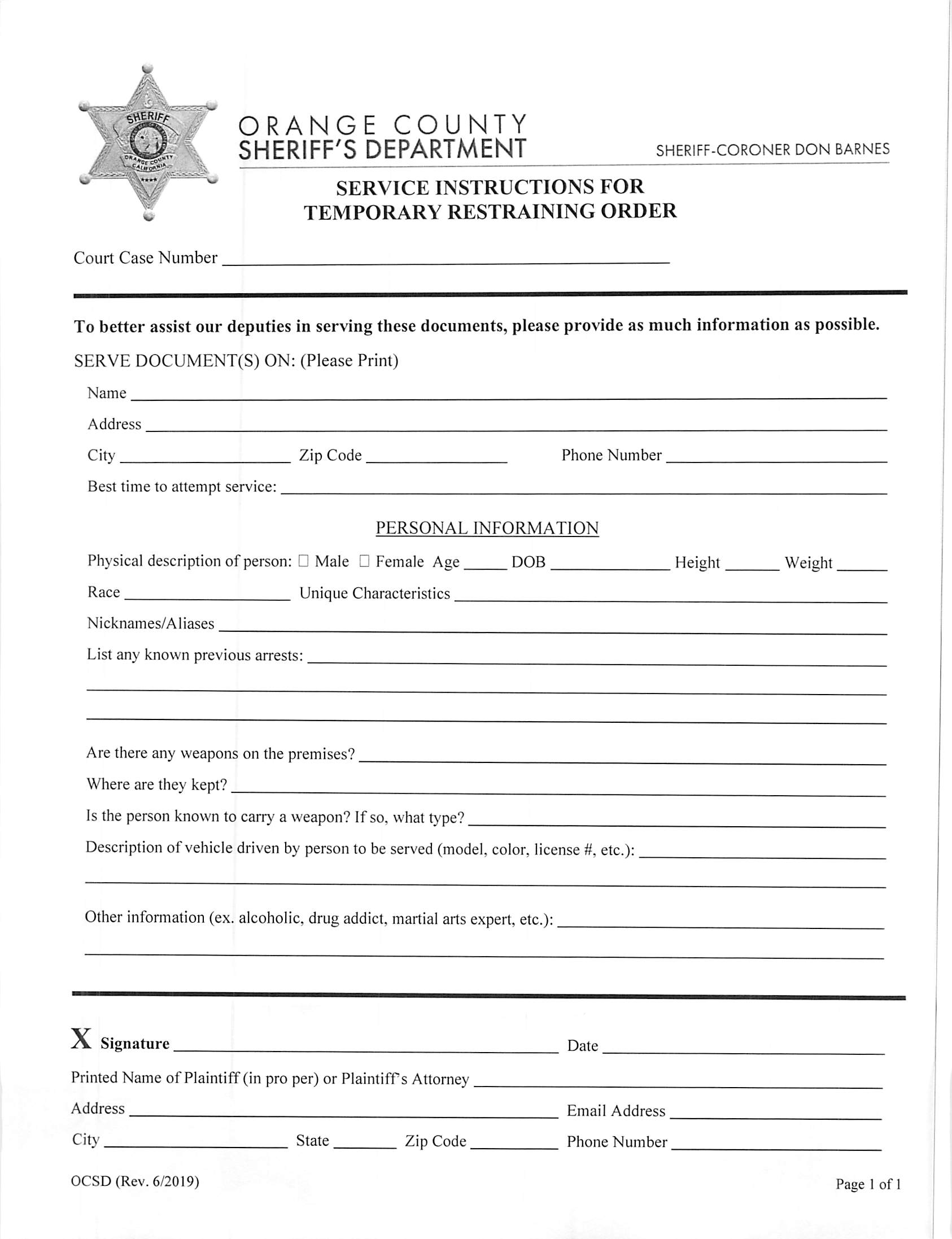Sheriff Temporary Protective Order Service Instructions (Information Sheet For Temporary Restraining Order) {OCSD1} | Pdf Fpdf Doc Docx | California
