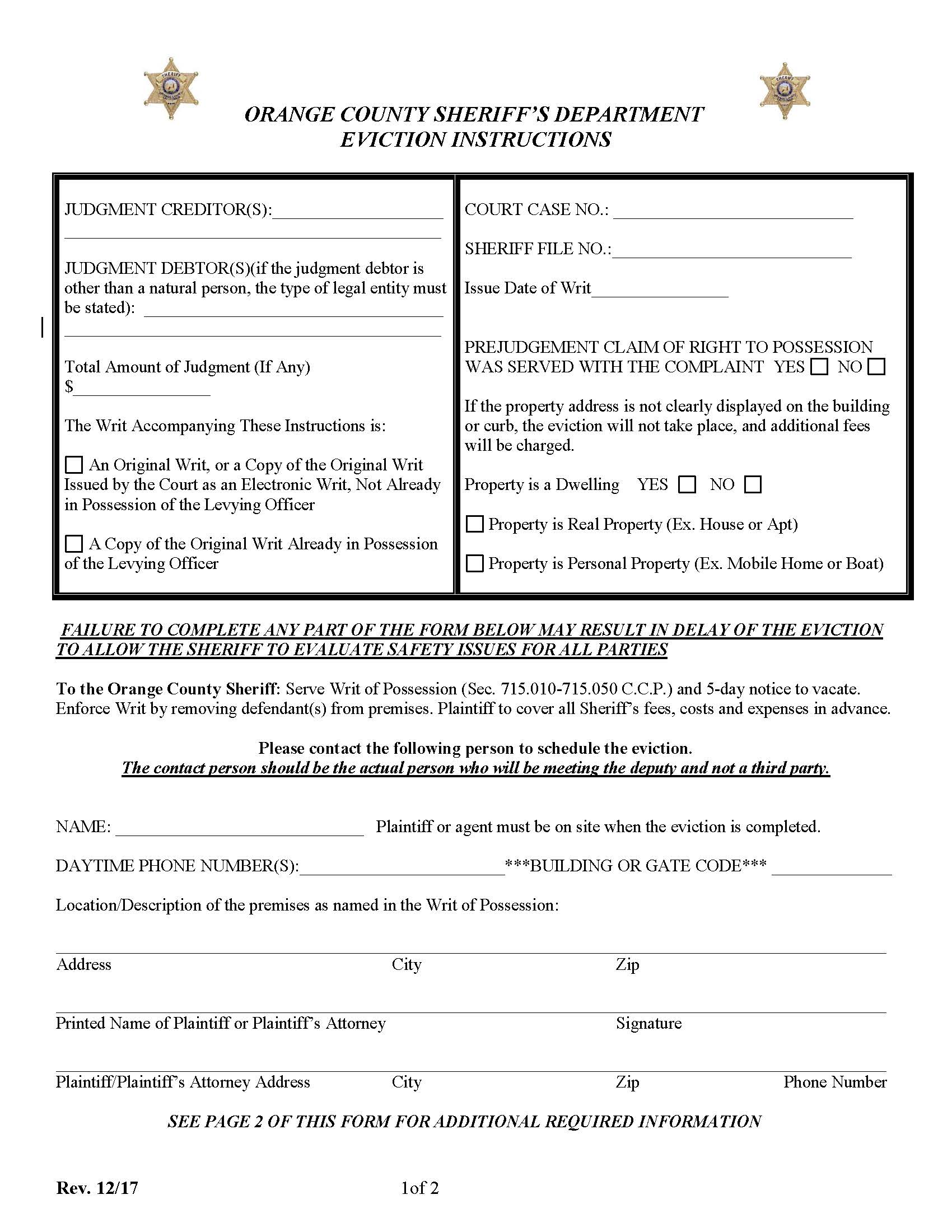 Sheriffs Department Eviction Instructions {OCSD5} | Pdf Fpdf Doc Docx | California