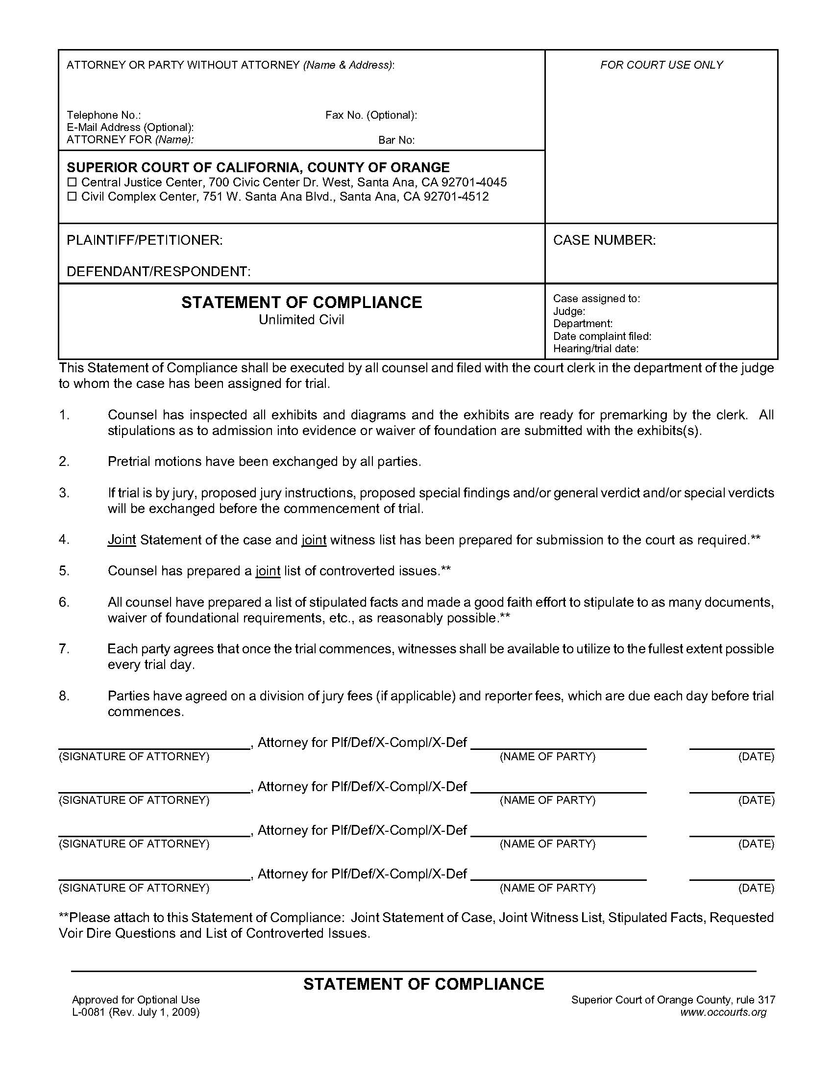 Statement Of Compliance {L-0081} | Pdf Fpdf Doc Docx | California