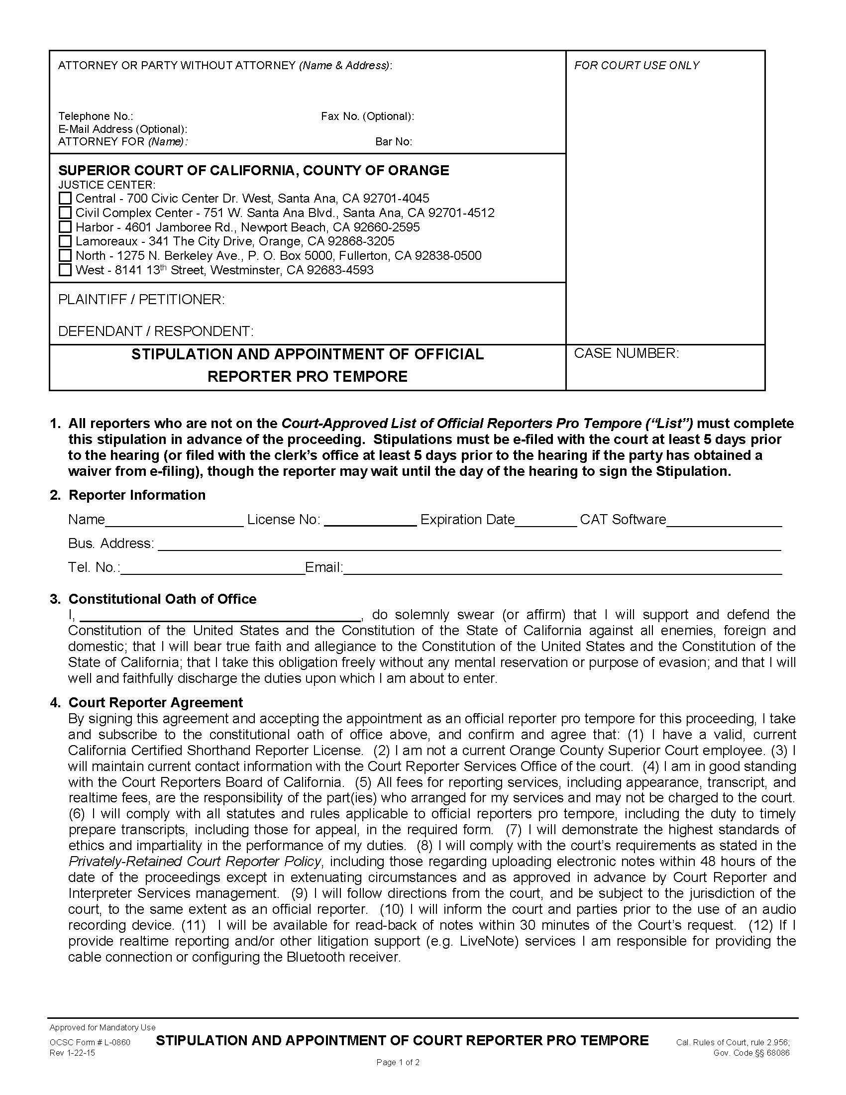 Stipulation And Appointment Of Court Reporter Pro Tempore {L-0860} | Pdf Fpdf Doc Docx | California