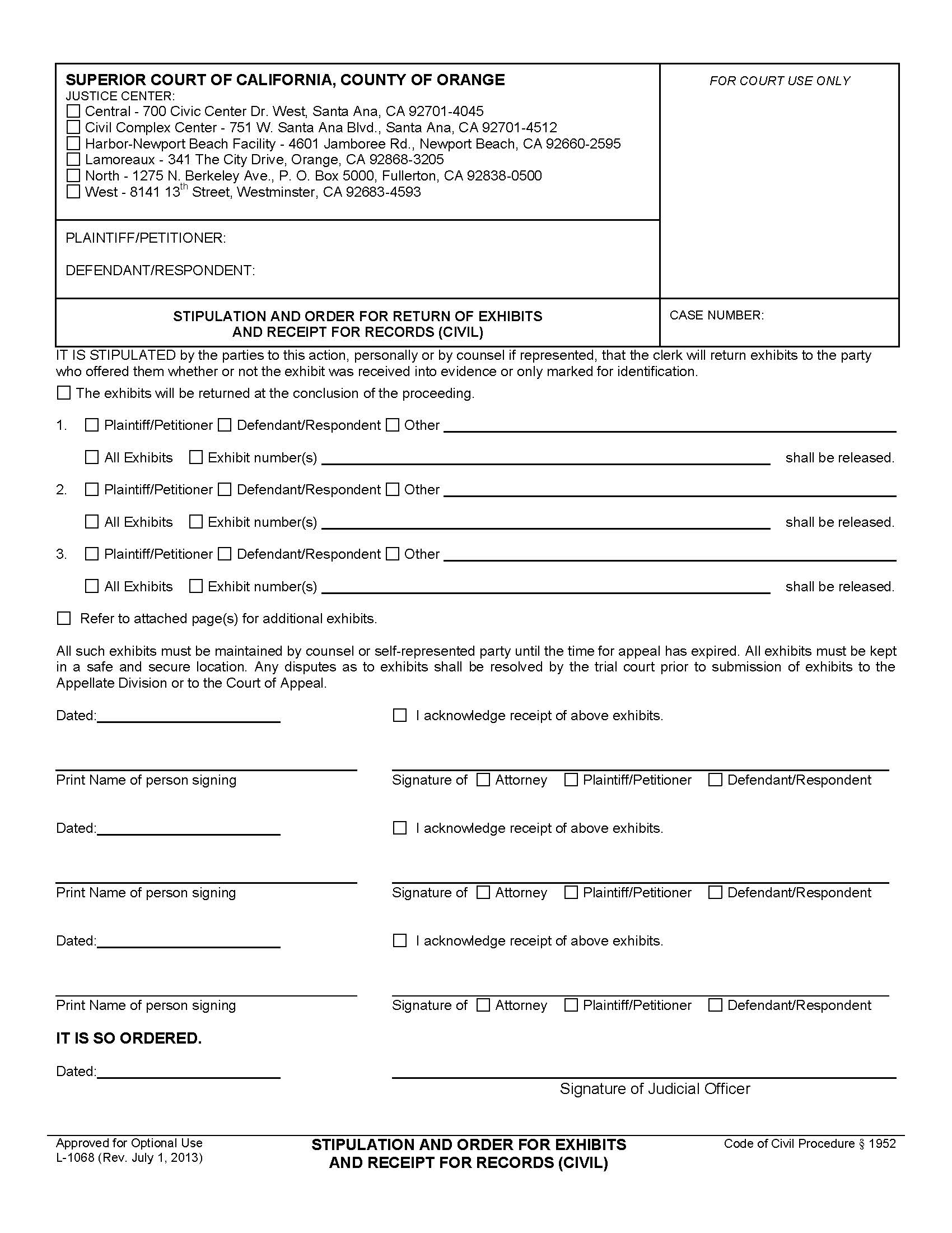 Stipulation And Order For Exhibits And Receipt For Records {L1068} | Pdf Fpdf Doc Docx | California