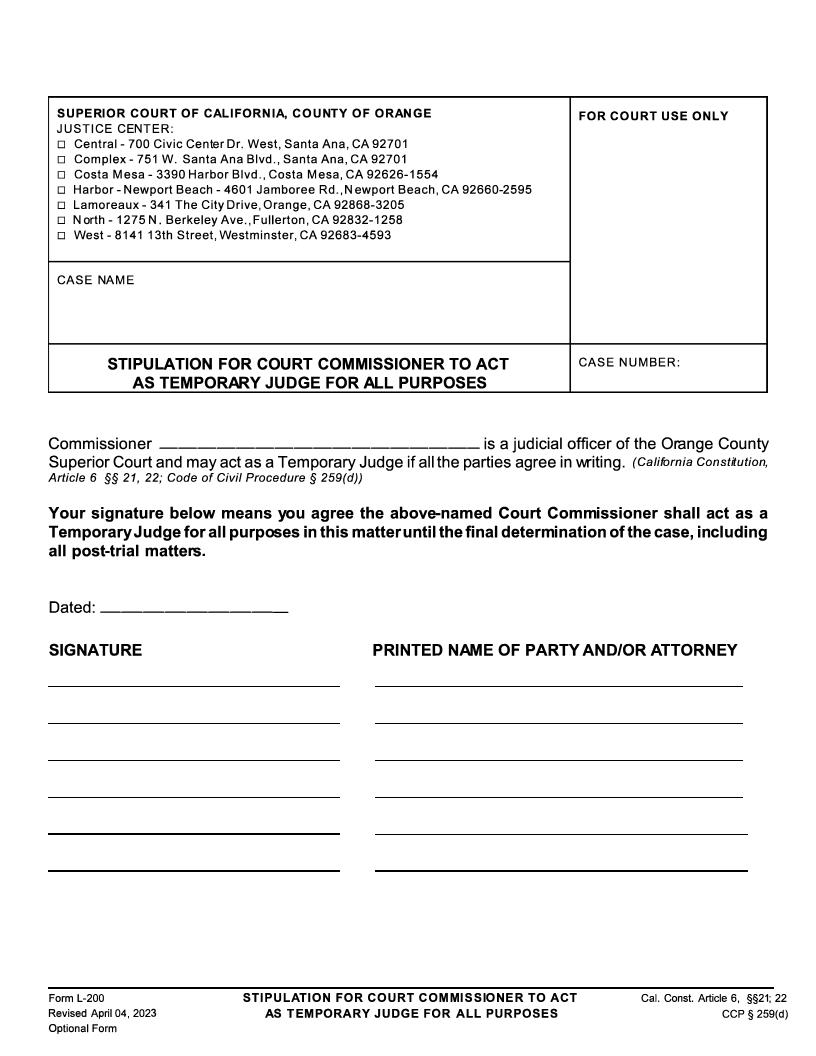 Stipulation For Court Commissioner To Act As Temporary Judge For All Purposes {L-0200} | Pdf Fpdf Doc Docx | California