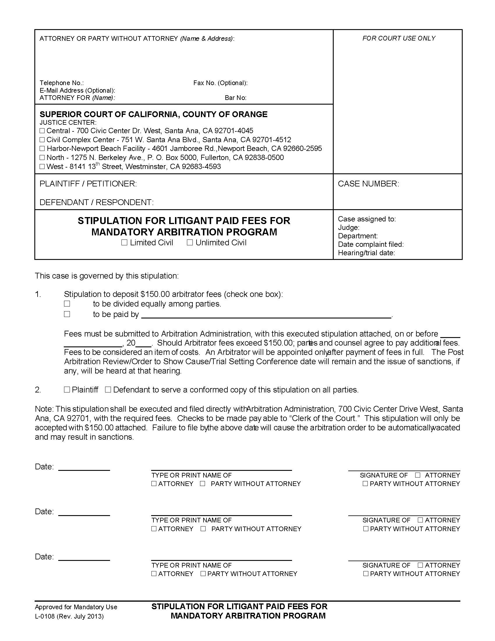 Stipulation For Litigant Paid Fees For Mandatory Arbitration Program {L-0108} | Pdf Fpdf Doc Docx | California