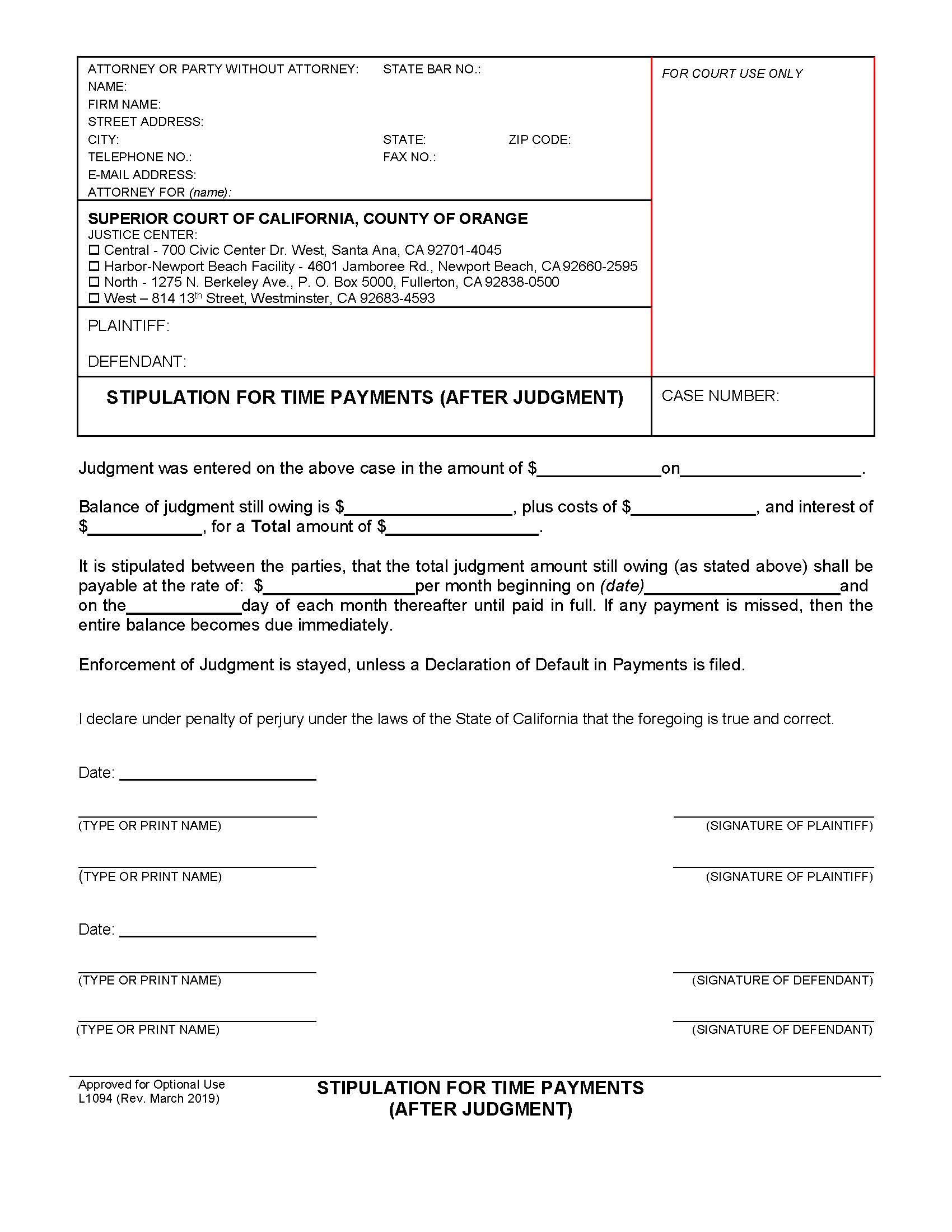 Stipulation For Time Payments (After Judgment) {L1094} | Pdf Fpdf Docx | California