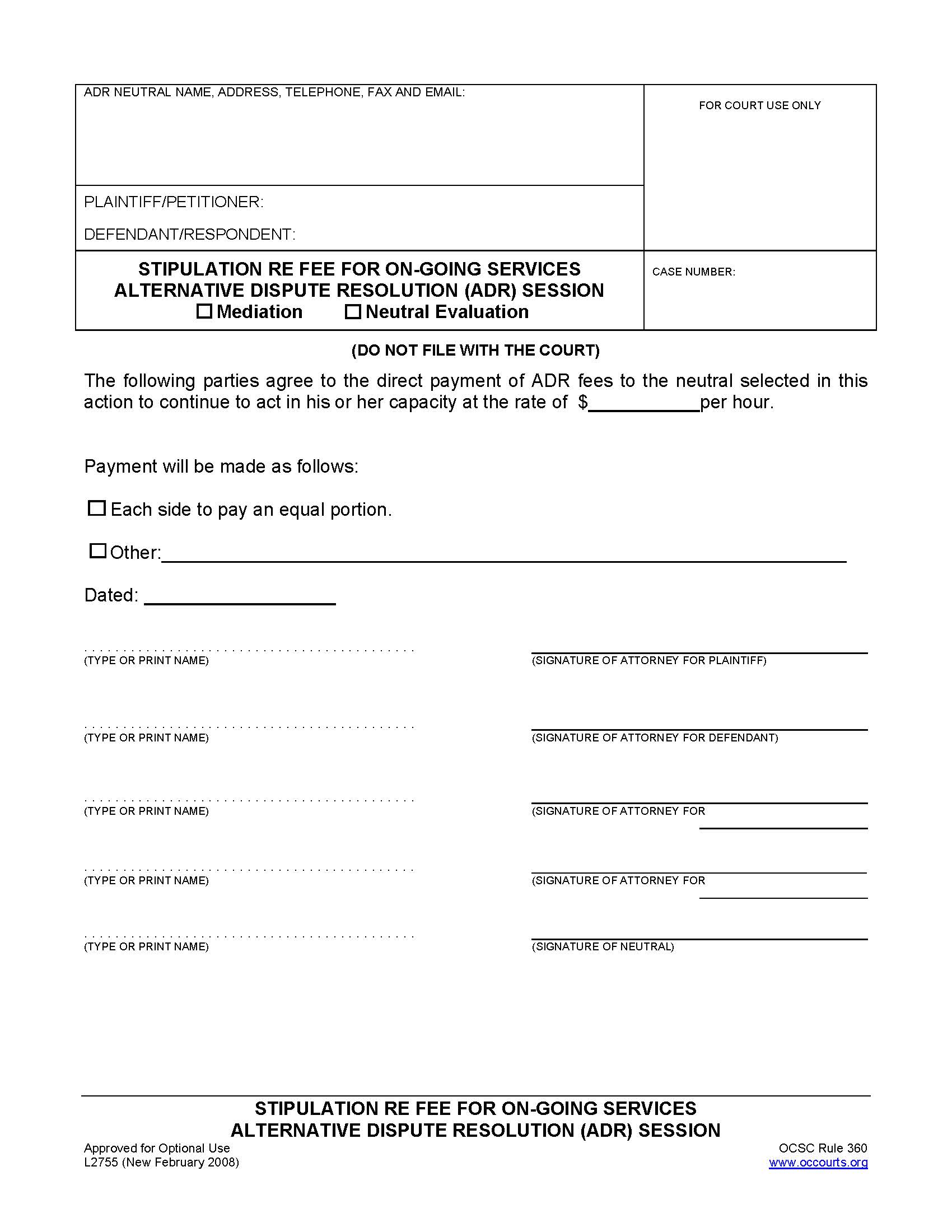 Stipulation Re Fee For On-Going Services Alternative Dispute Resolution (ADR) Session {L2755} | Pdf Fpdf Doc Docx | California