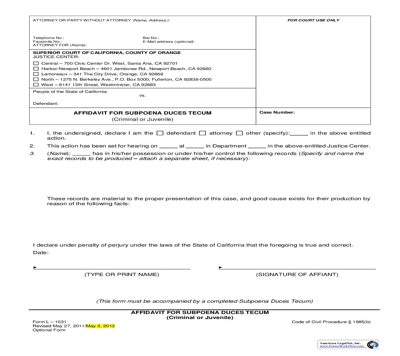 Affidavit For Subpoena Duces Tecum (Criminal Or Juvenile) {L-1031} | Pdf Fpdf Doc Docx | California